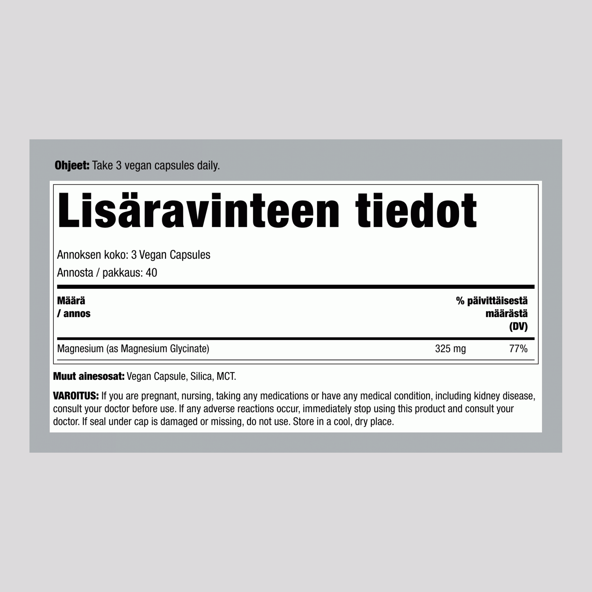 CALM Magnesiumglysinaatti, 300 mg (per annos), 120 Vegaanikapselia