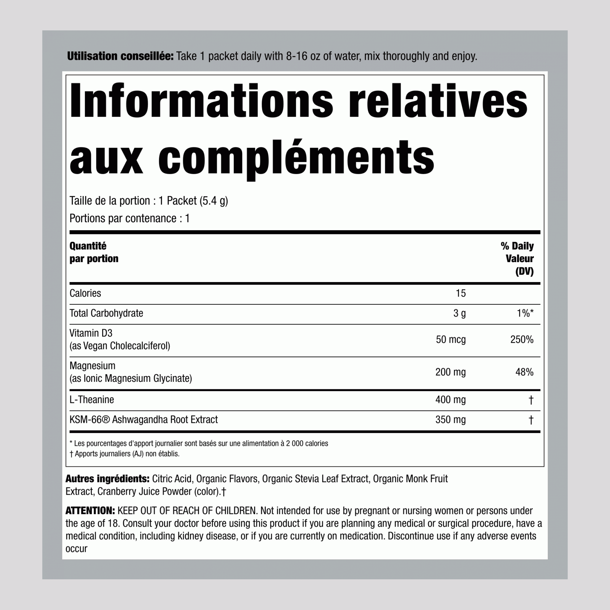 MaxCalm® Mélange à Boire Relaxant* Magnésium Glycinate Framboise-Citronnade, 30 Paquets Sticks