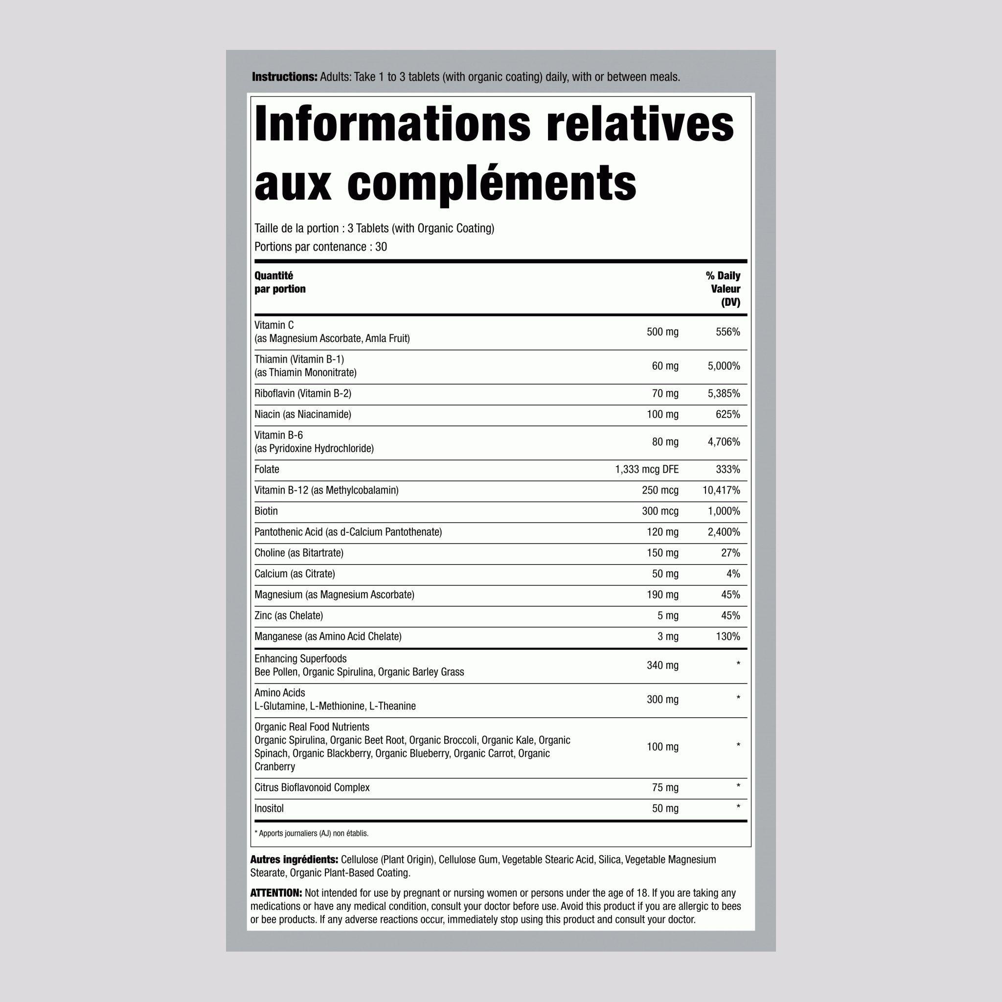 Complexe B Complet + Nutriments Alimentaires Réels, 90 Comprimés Végétaliens