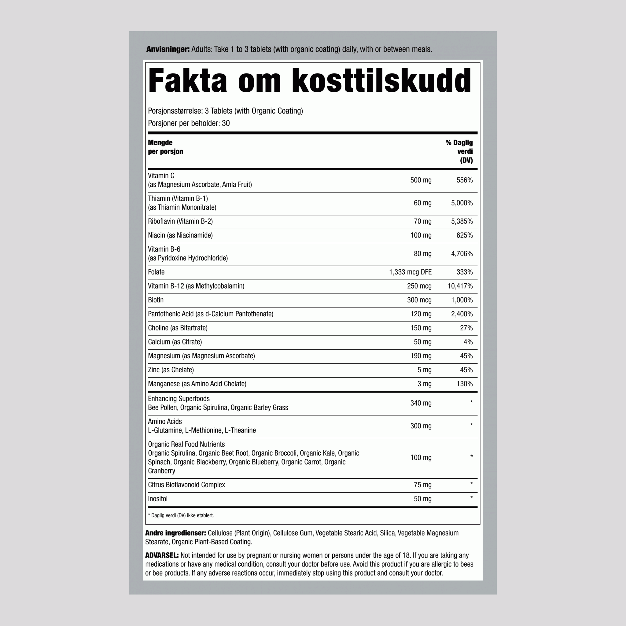 Komplett B-Kompleks + Ekte Matnæringsstoffer, 90 Veganske Tablett