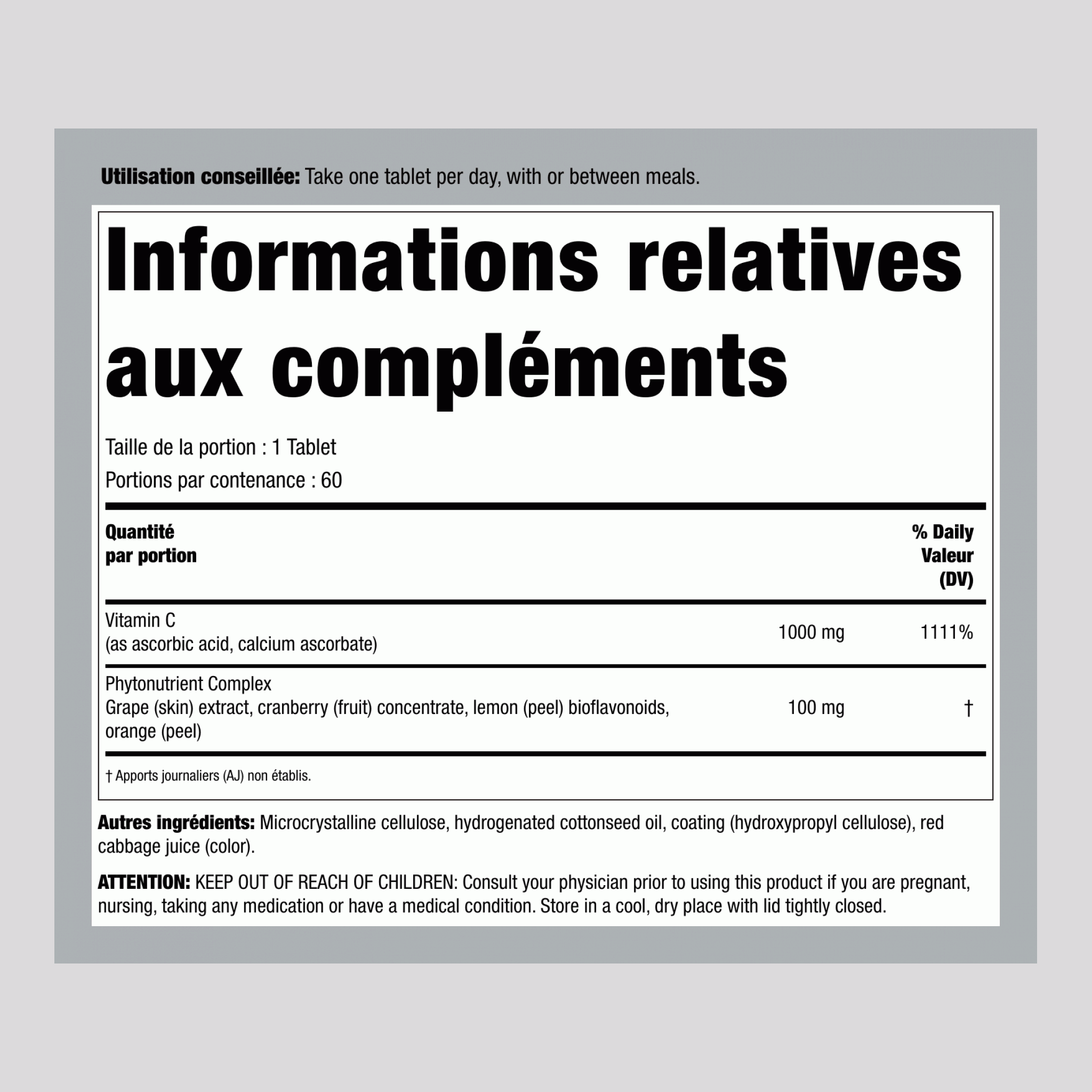 Super C 1,000 mg + Nutriments Réels, 60 Comprimés Végétaliens