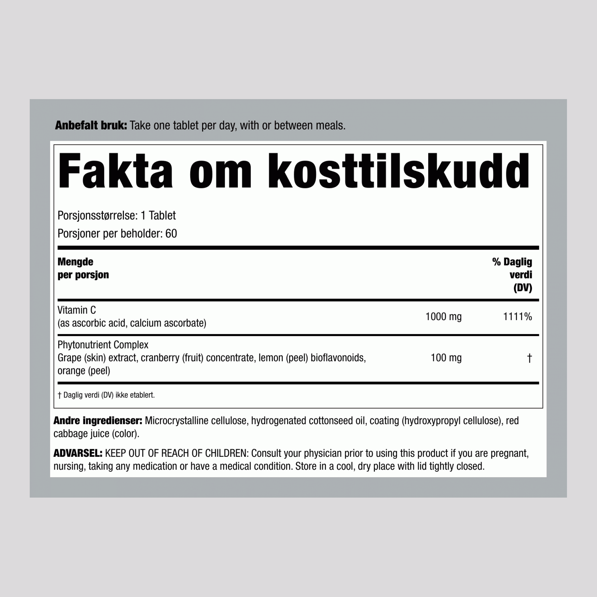 Super C 1,000 mg + Ekte Mat Næringsstoffer, 60 Veganske Tabletter