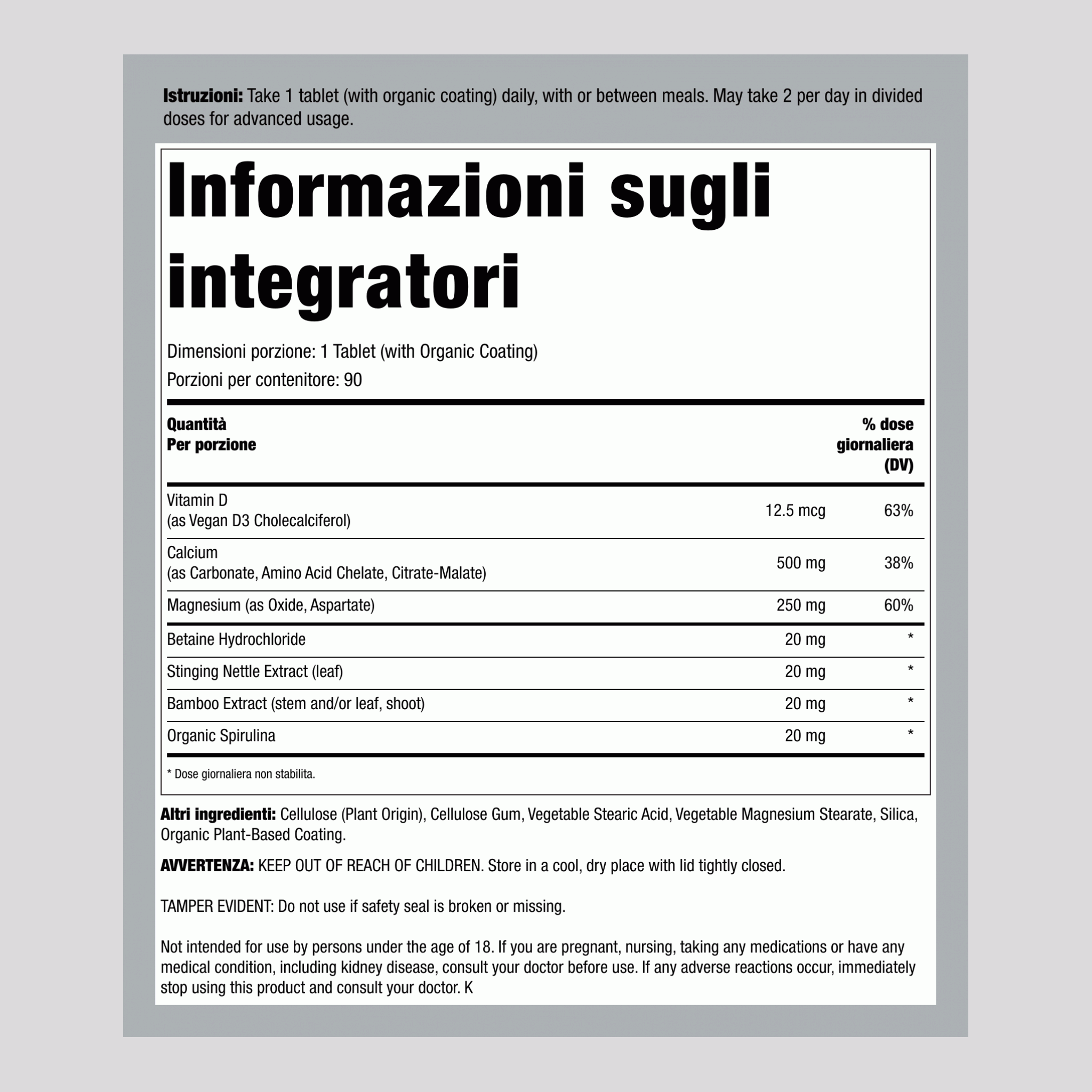 Calcio Magnesio e D3 Vegano + Nutrienti da Cibo Reale, 90 Compresse Vegane