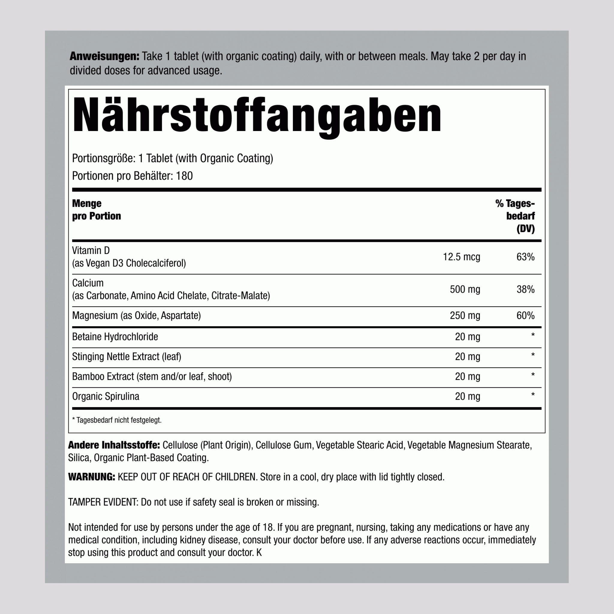 Calcium Magnesium und veganes D3 + Nährstoffe aus echten Lebensmitteln, 180 vegetarische Tabletten