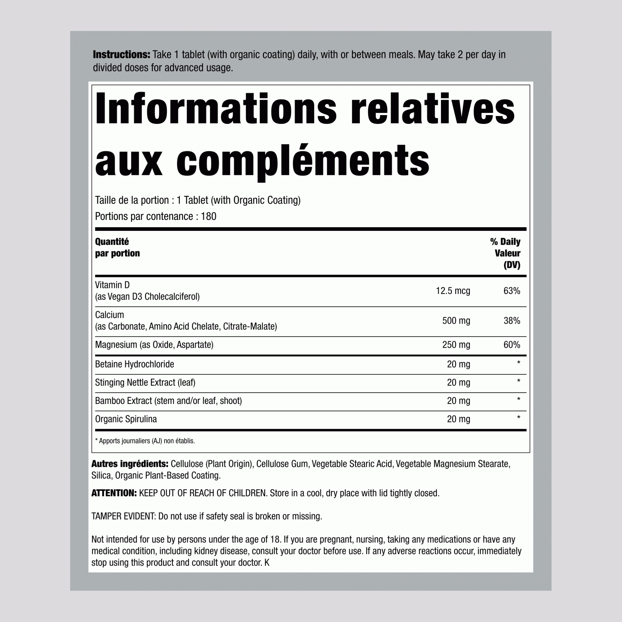 Calcium Magnésium et D3 Végétalien + Nutriments de Véritable Aliment, 180 Comprimés Végétariens