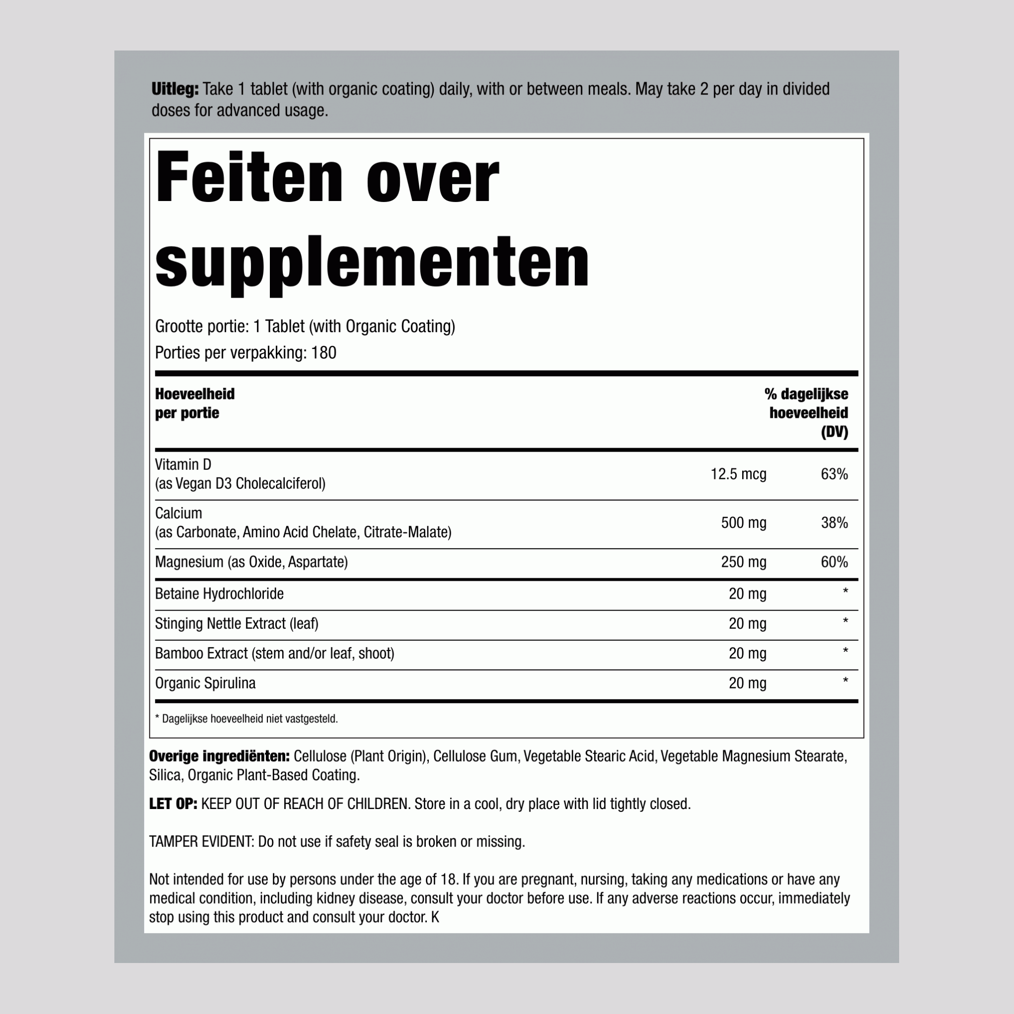 Calcium Magnesium en Vegan D3 + Natuurvoedingsstoffen, 180 Vegetarische Tabletten