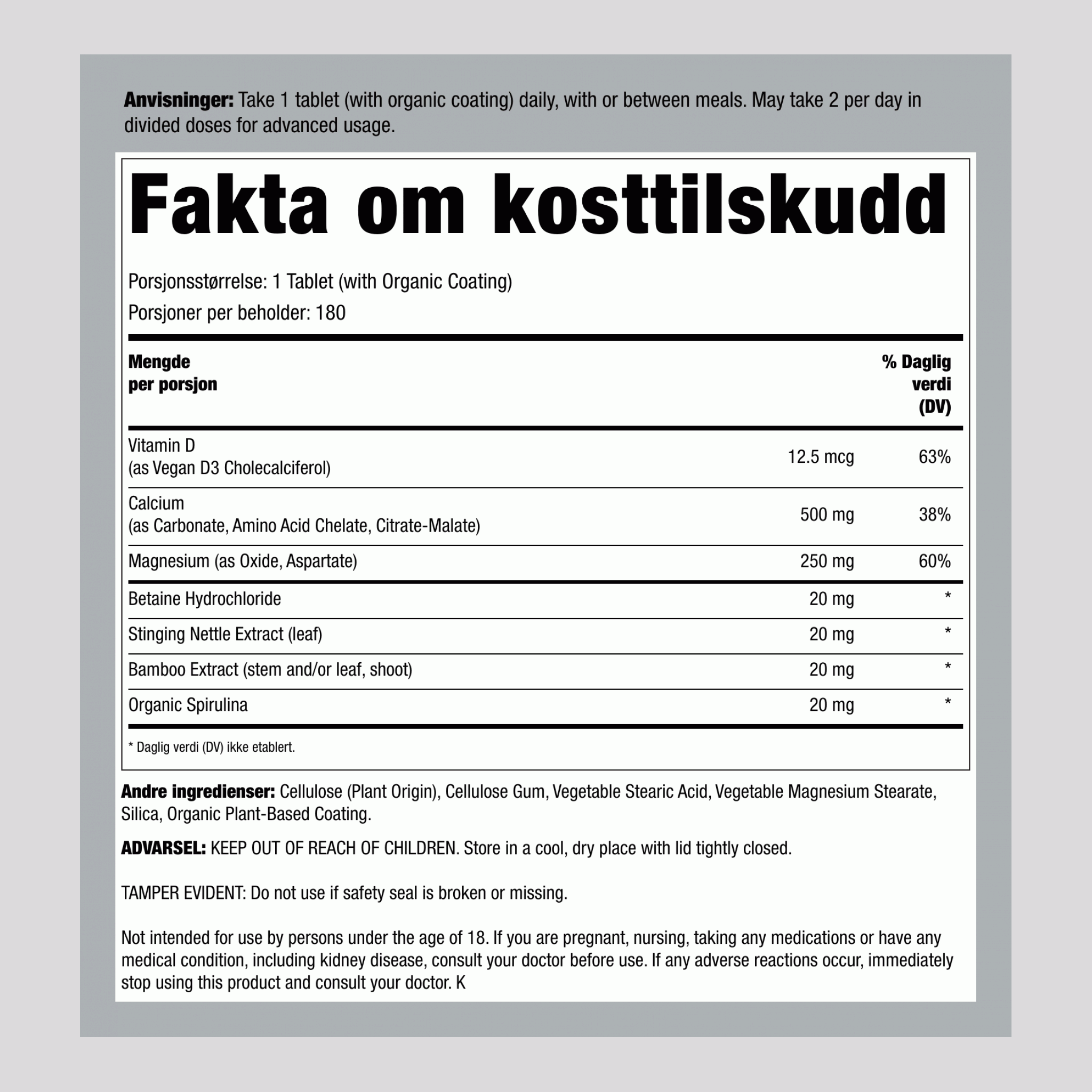Kalsium Magnesium og Vegansk D3 + ekte matnæringsstoffer, 180 vegetariske tabletter