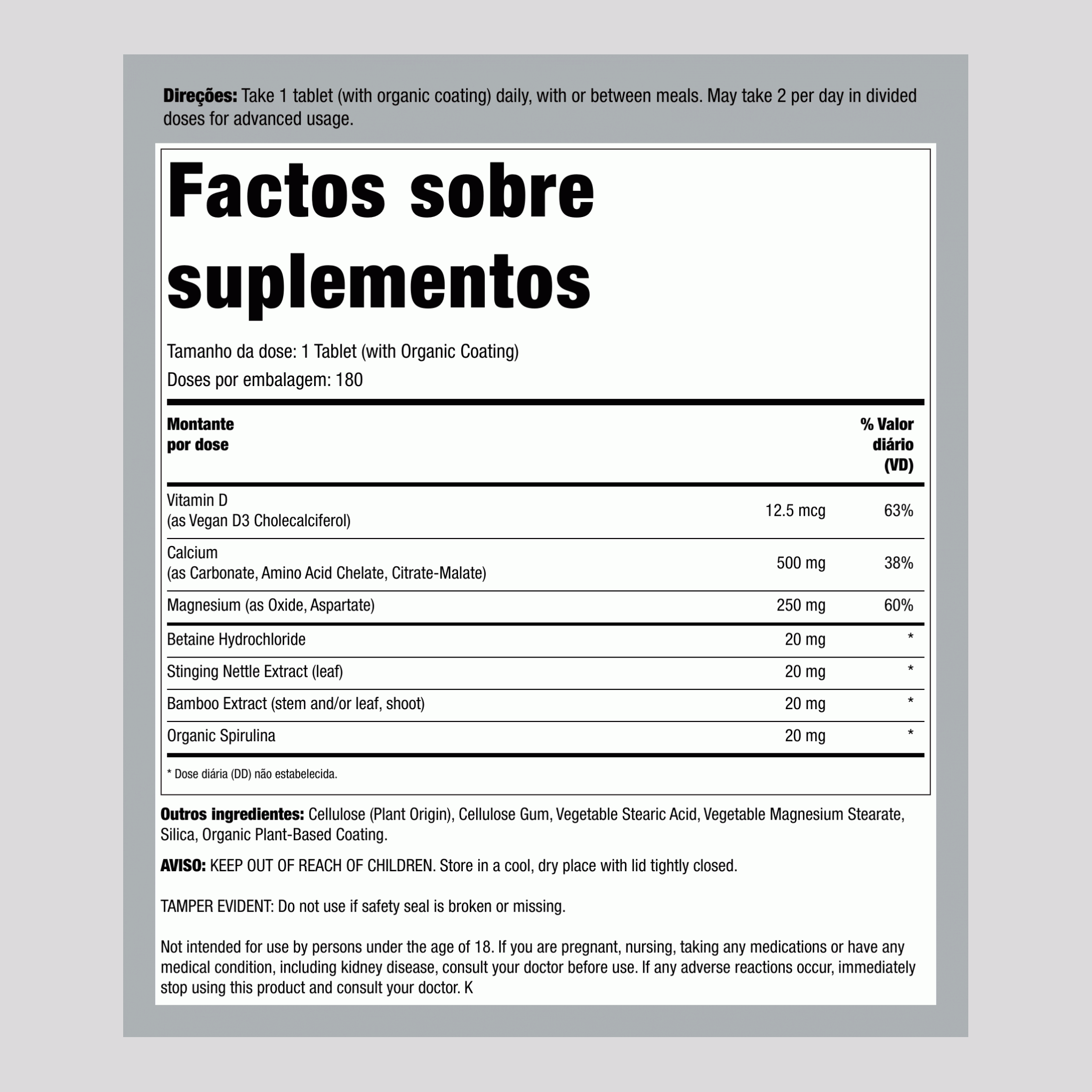 Cálcio, Magnésio e D3 Vegana + Nutrientes de Alimentos Reais, 180 Comprimidos Vegetarianos