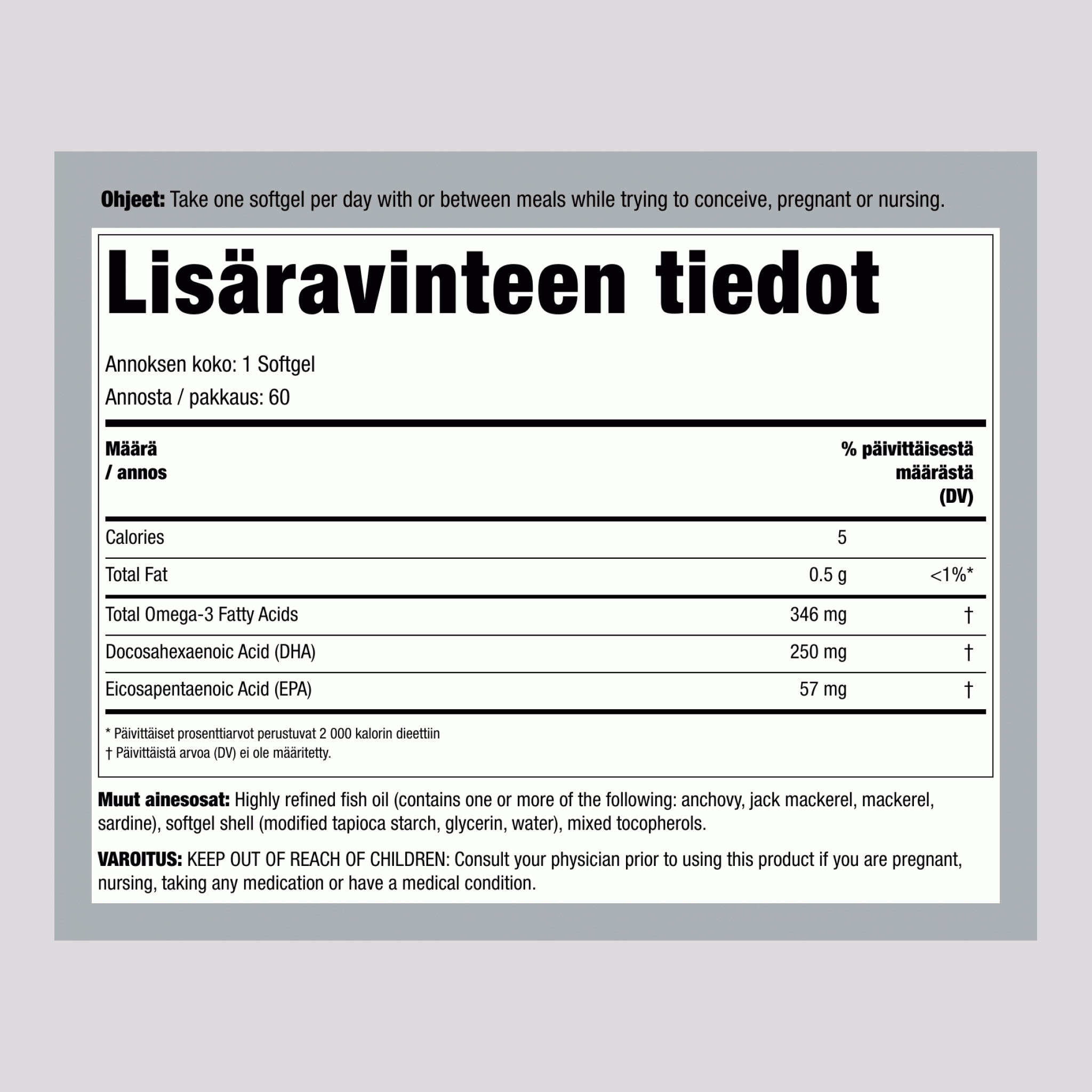 Raskauden aikainen DHA Ultra Omega-3 kalaöljy, 60 kapselia