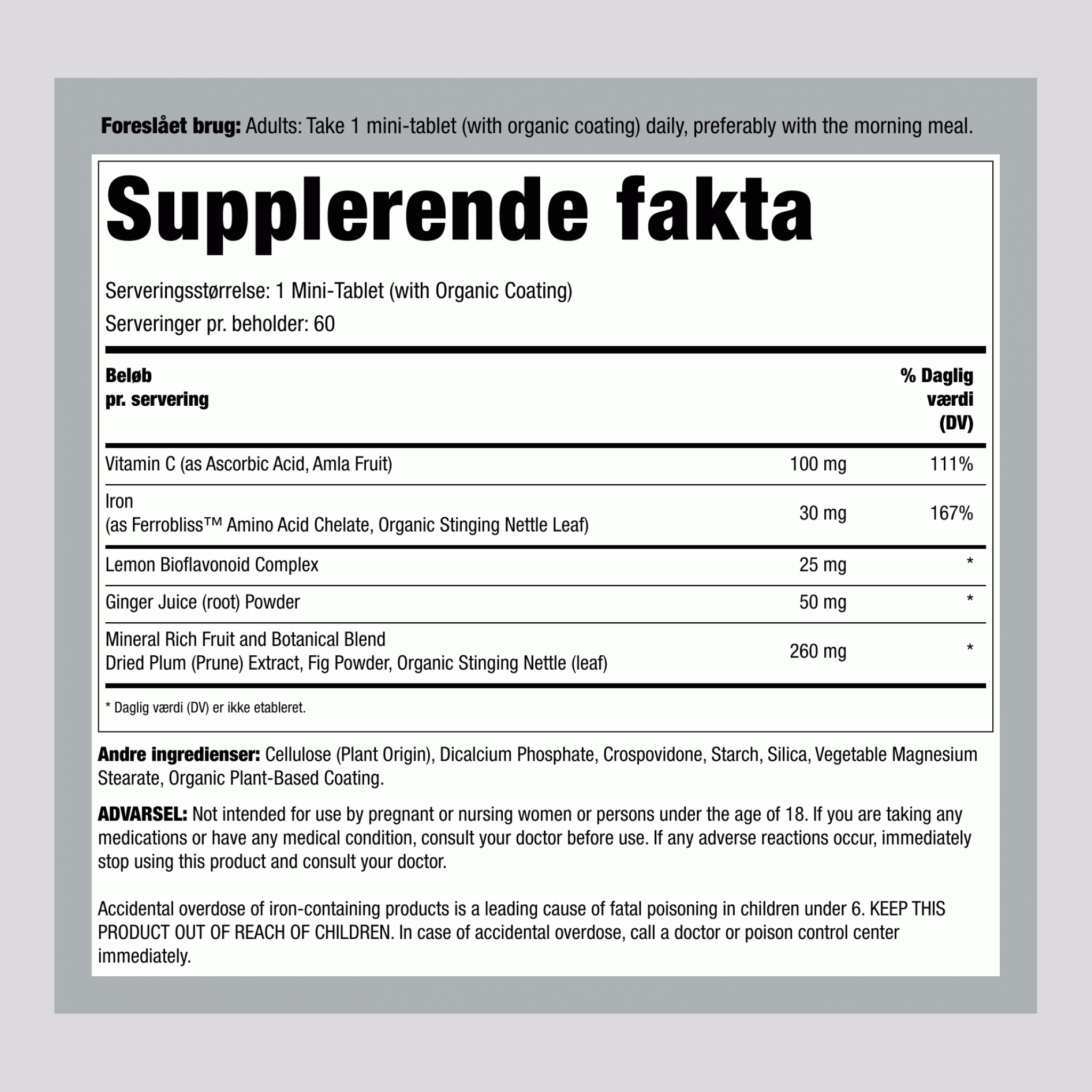 Komplette Jern Mini-tabletter + Rigtige Fødevarestoffer, 60 Veganske Mini-tabletter