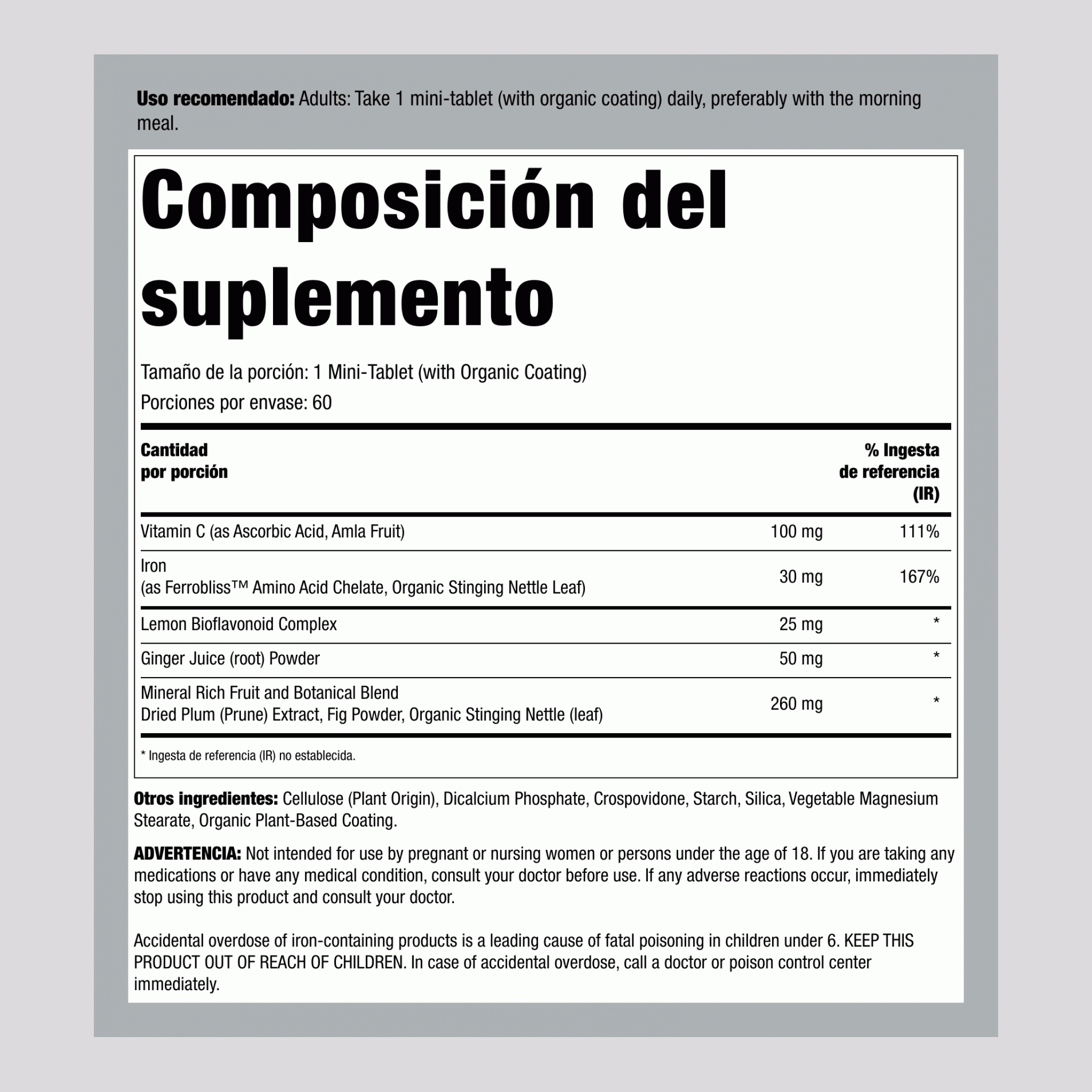 Mini tabletas de hierro completas + nutrientes de alimentos reales, 60 mini tabletas veganas