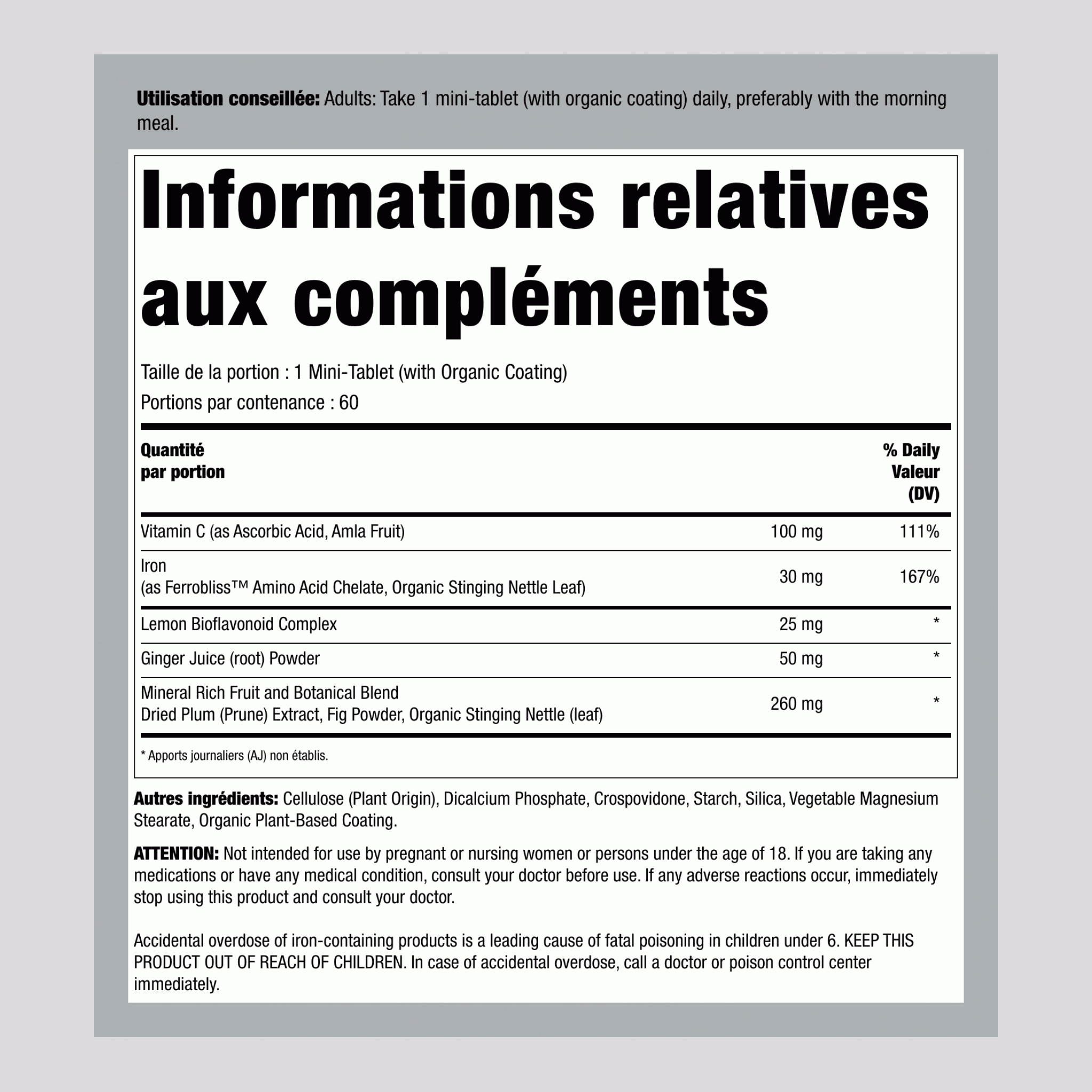 Comprimés miniatures de fer complet + nutriments d'aliments réels, 60 mini-comprimés véganes
