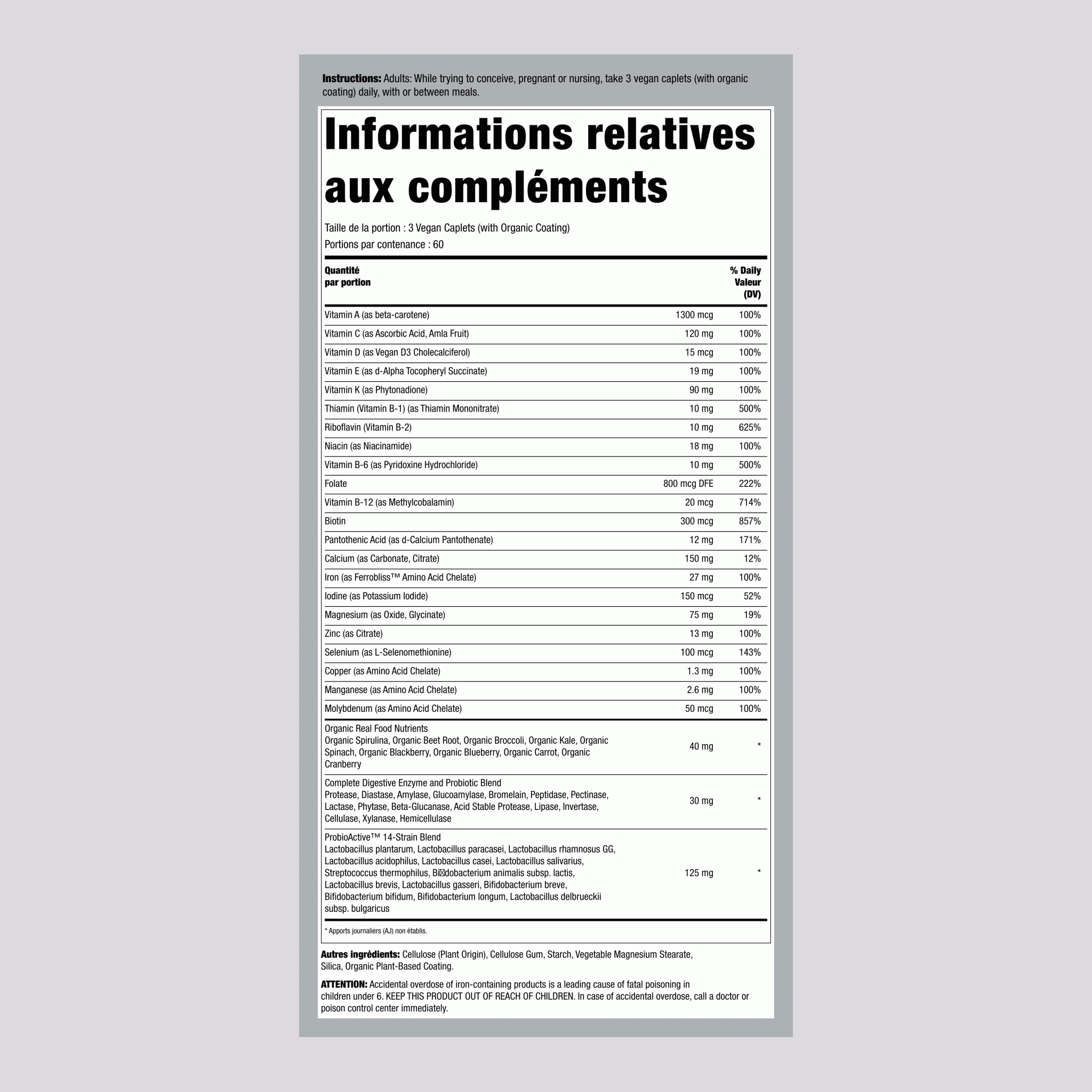 Multivitamines prénatals Mini's + Nutriments d'aliments réels, 180 mini-comprimés