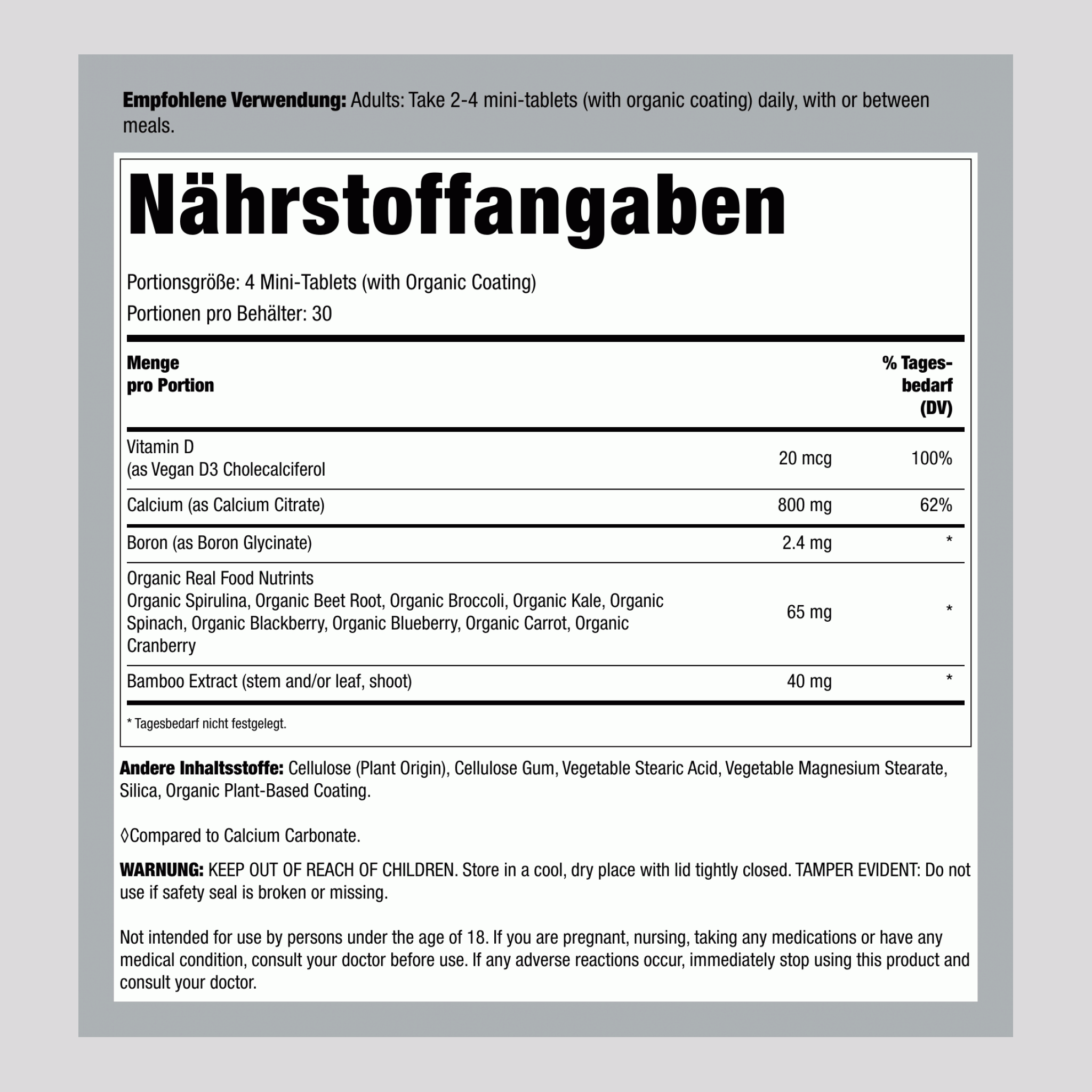 Calciumcitrat-Mini-Tabletten + echte Lebensmittelnährstoffe, 120 vegane Mini-Tabletten