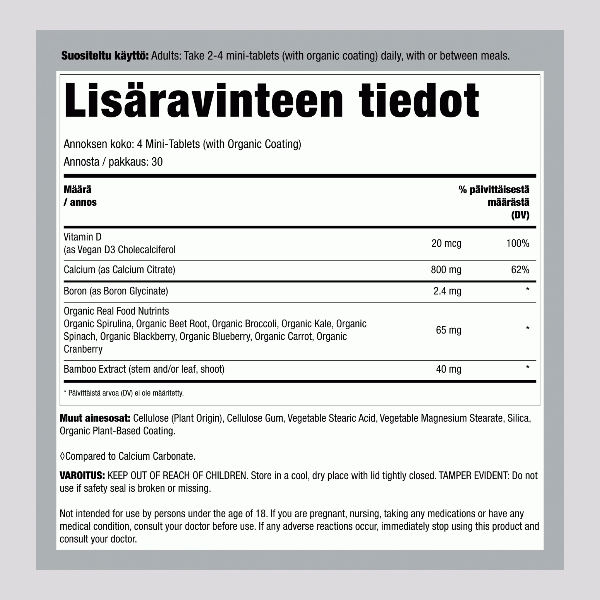 Kalsium Sitraatti Mini-Täytabletit + Aitojen Elintarvikkeiden Ravinteet, 120 Vegaanista Mini-Täytablettia