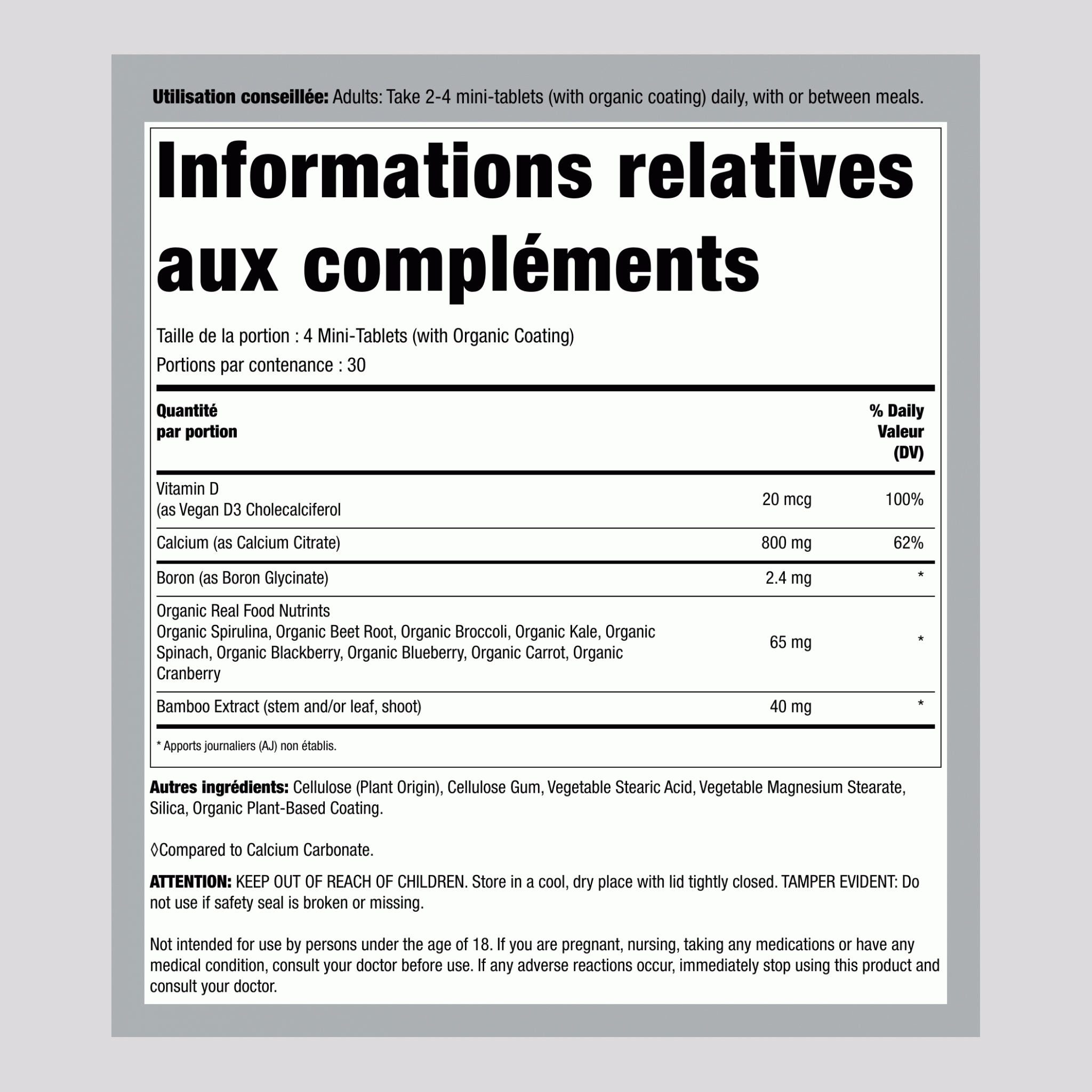 Mini-comprimés de Citrate de Calcium + Nutriments de Vraie Nourriture, 120 Mini-comprimés Végétaliens