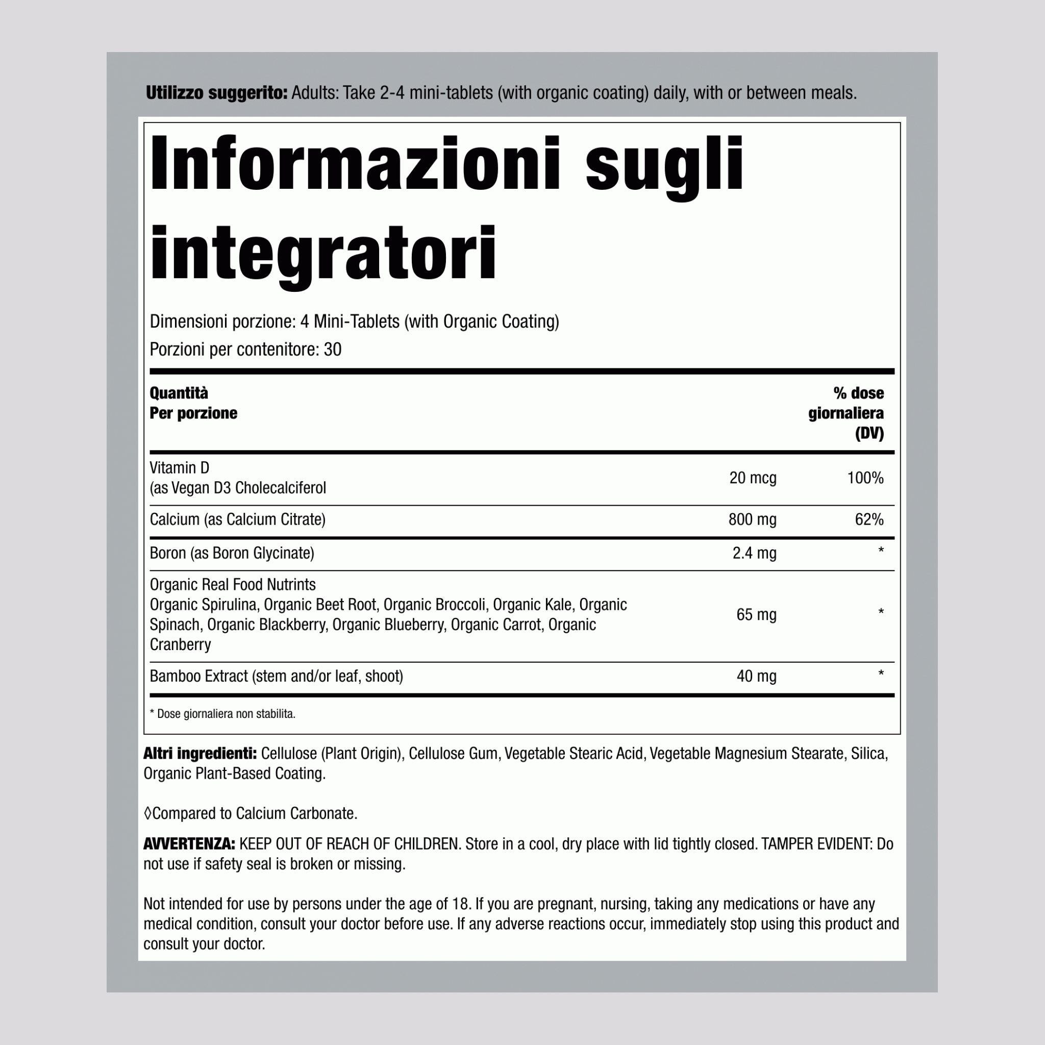 Mini-compresse di Citrato di Calcio + Sostanze Nutritive Naturali, 120 Mini-compresse Vegane