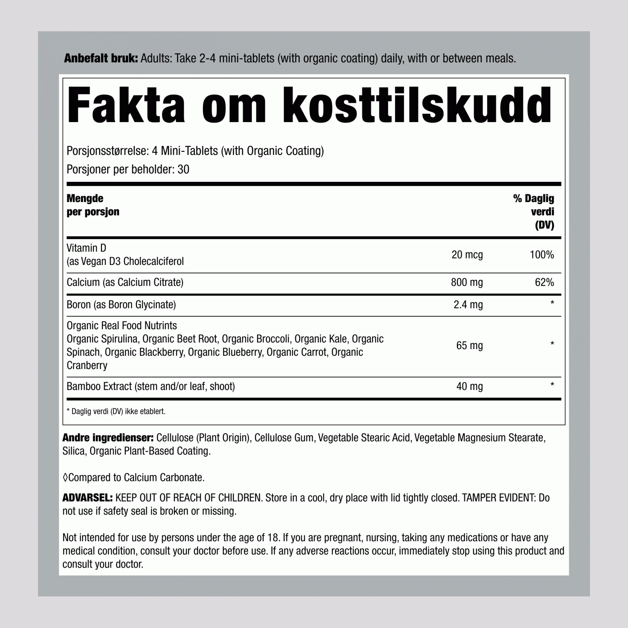 Kalsiumsitratformel Mini-tabletter + Næringsstoffer fra ekte mat, 120 veganske mini-tabletter