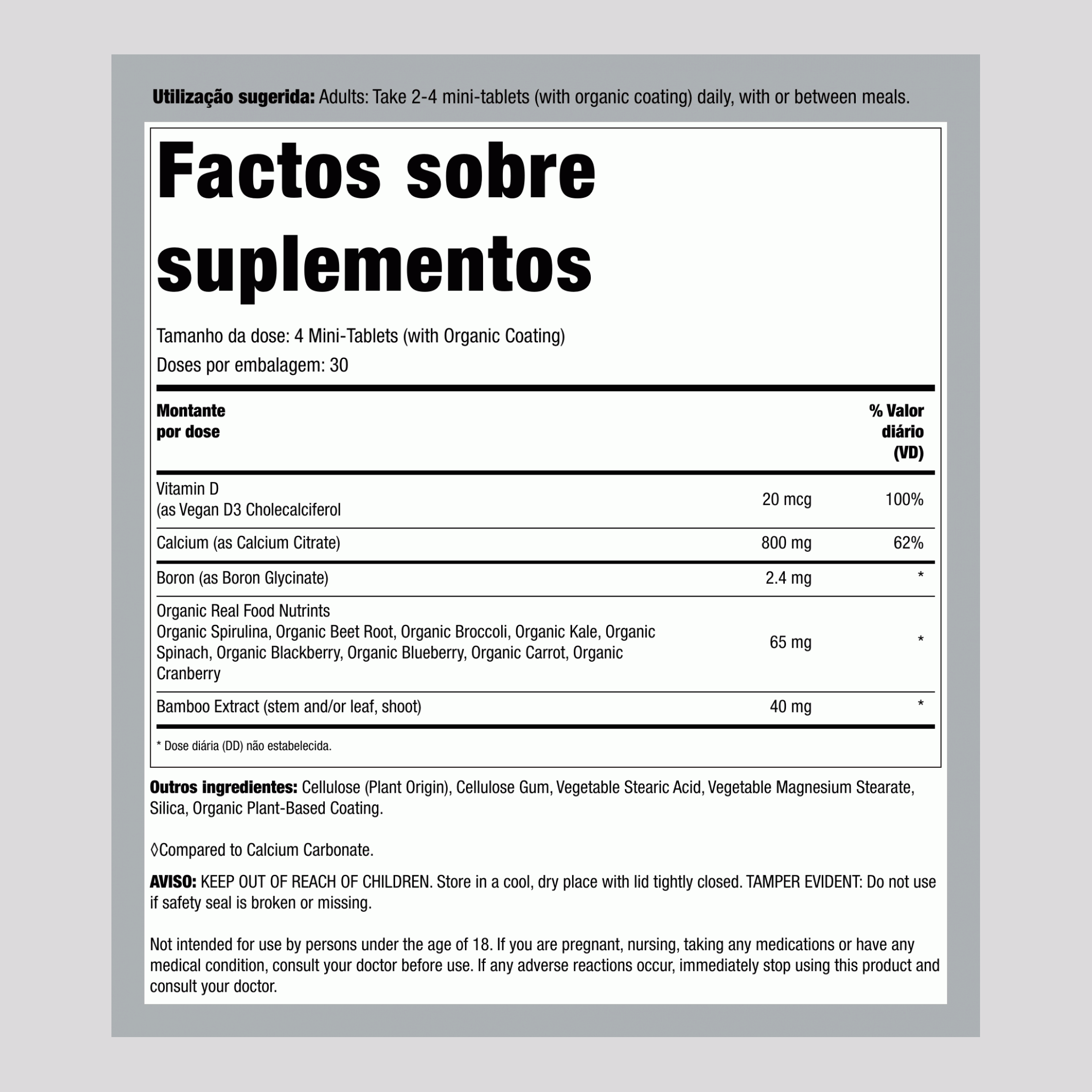 Mini-Comprimidos de Citrato de Cálcio + Nutrientes de Alimentos Reais, 120 Mini-Comprimidos Veganos