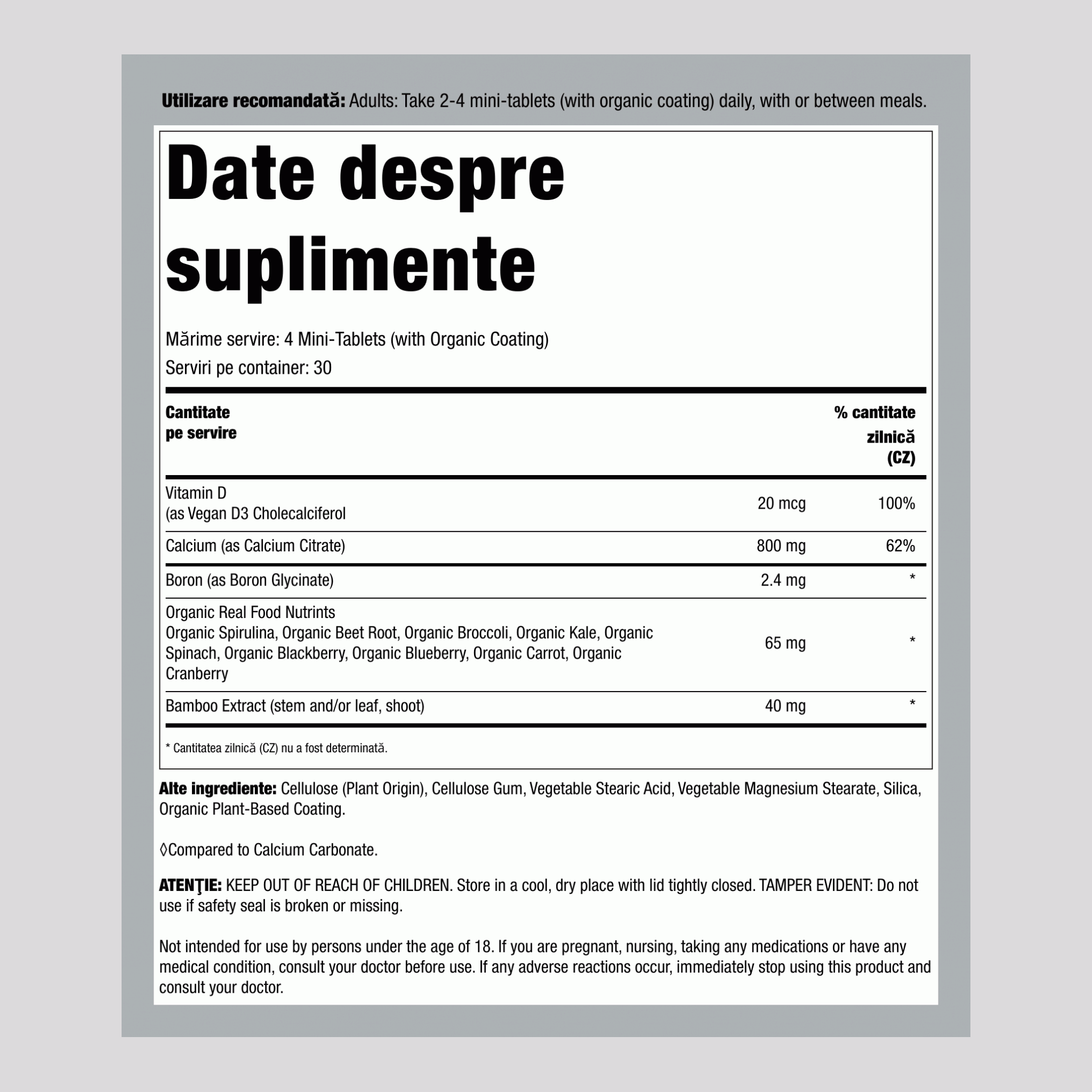 Tablete Mini de Citrate de Calciu + Nutrienți din Alimente Reale, 120 Tablete Mini Vegane