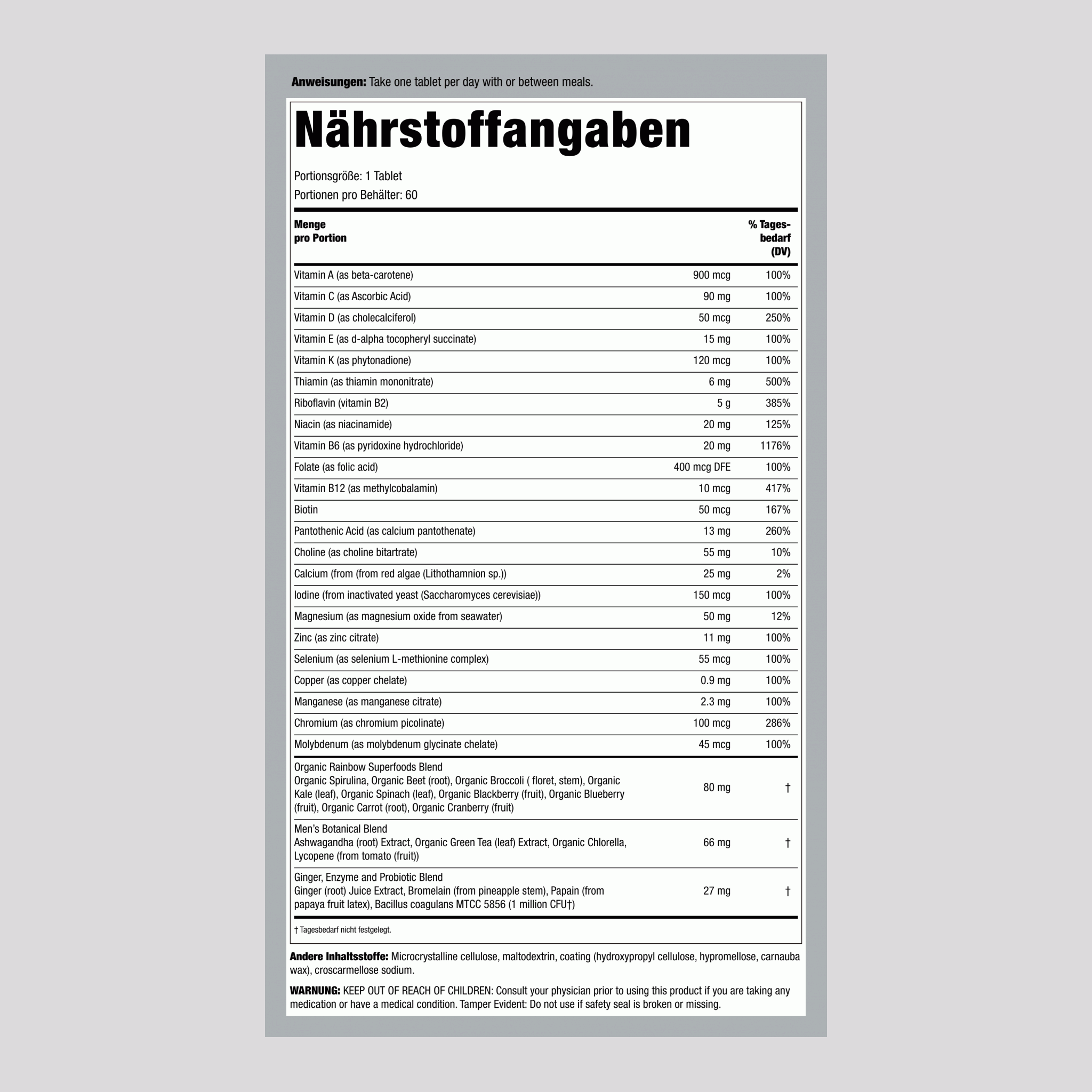 Männer's One + Nährstoffe aus echten Lebensmitteln, 60 vegetarische Tabletten