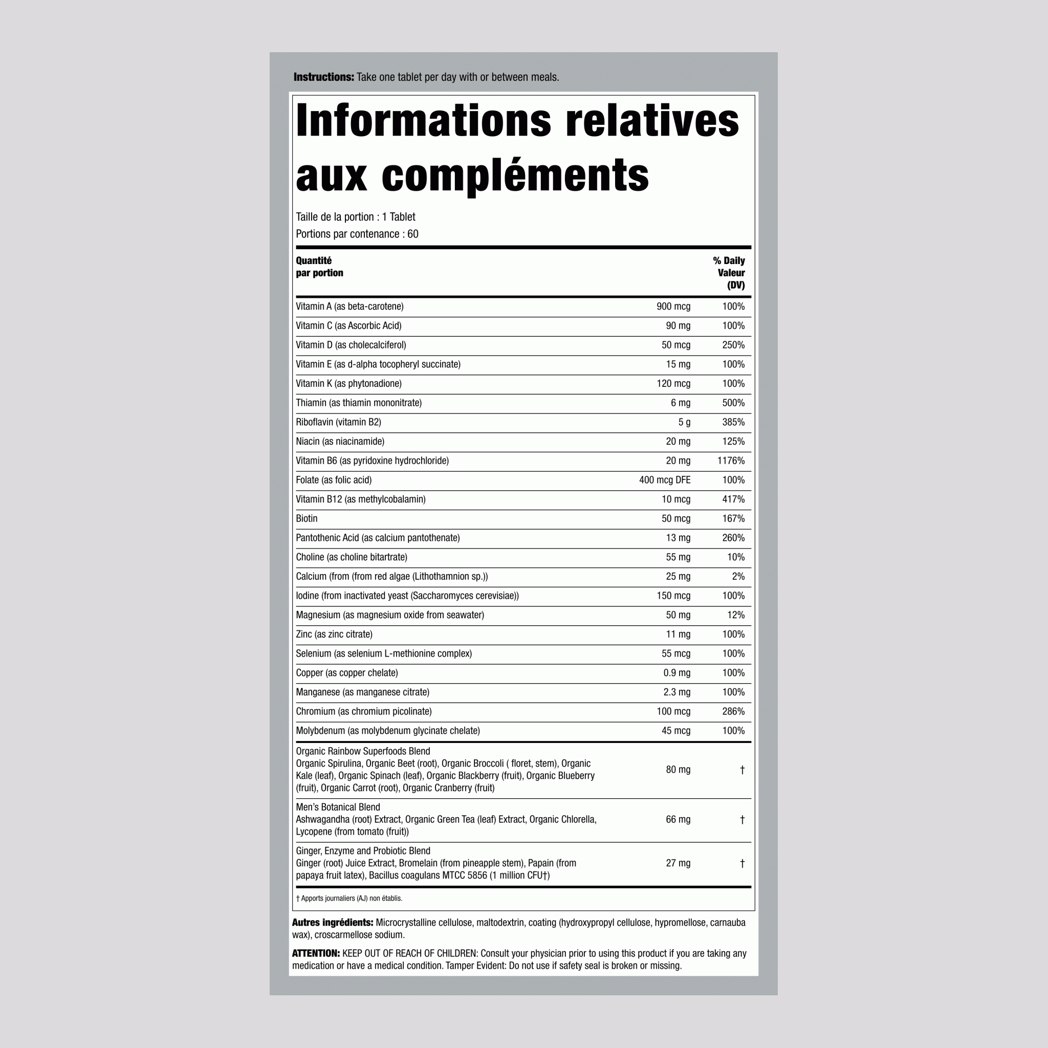 Un par jour pour hommes + nutriments d'aliments réels, 60 comprimés végétariens