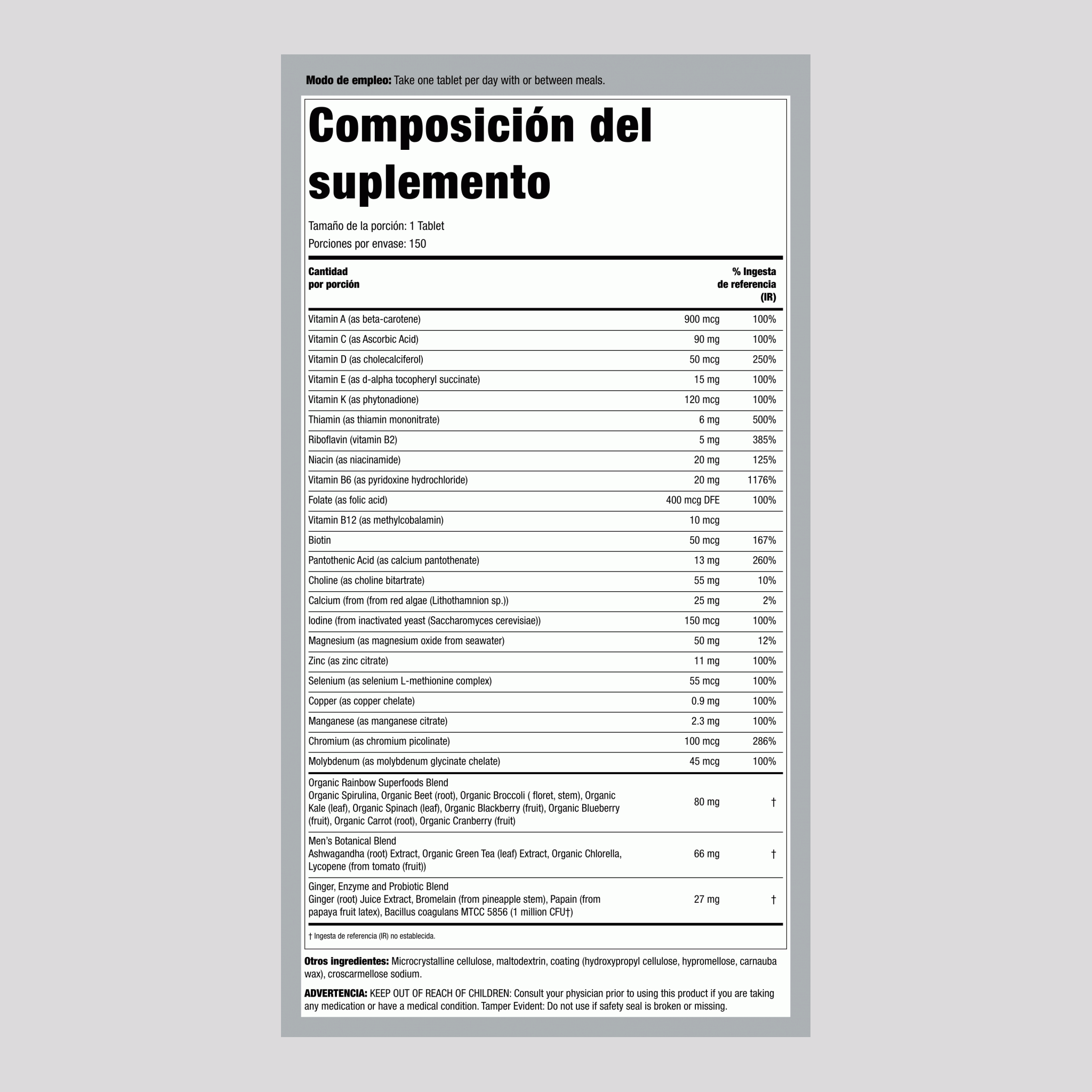 Uno para Hombres + Nutrientes de Alimentos Reales, 150 Cápsulas Vegetarianas