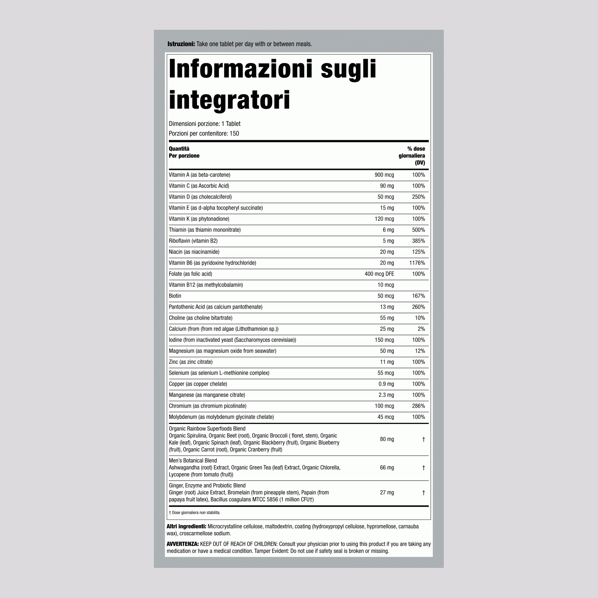 Uomo Uno + Sostanze Nutritive da Alimenti Reali, 150 Compresse Vegetali