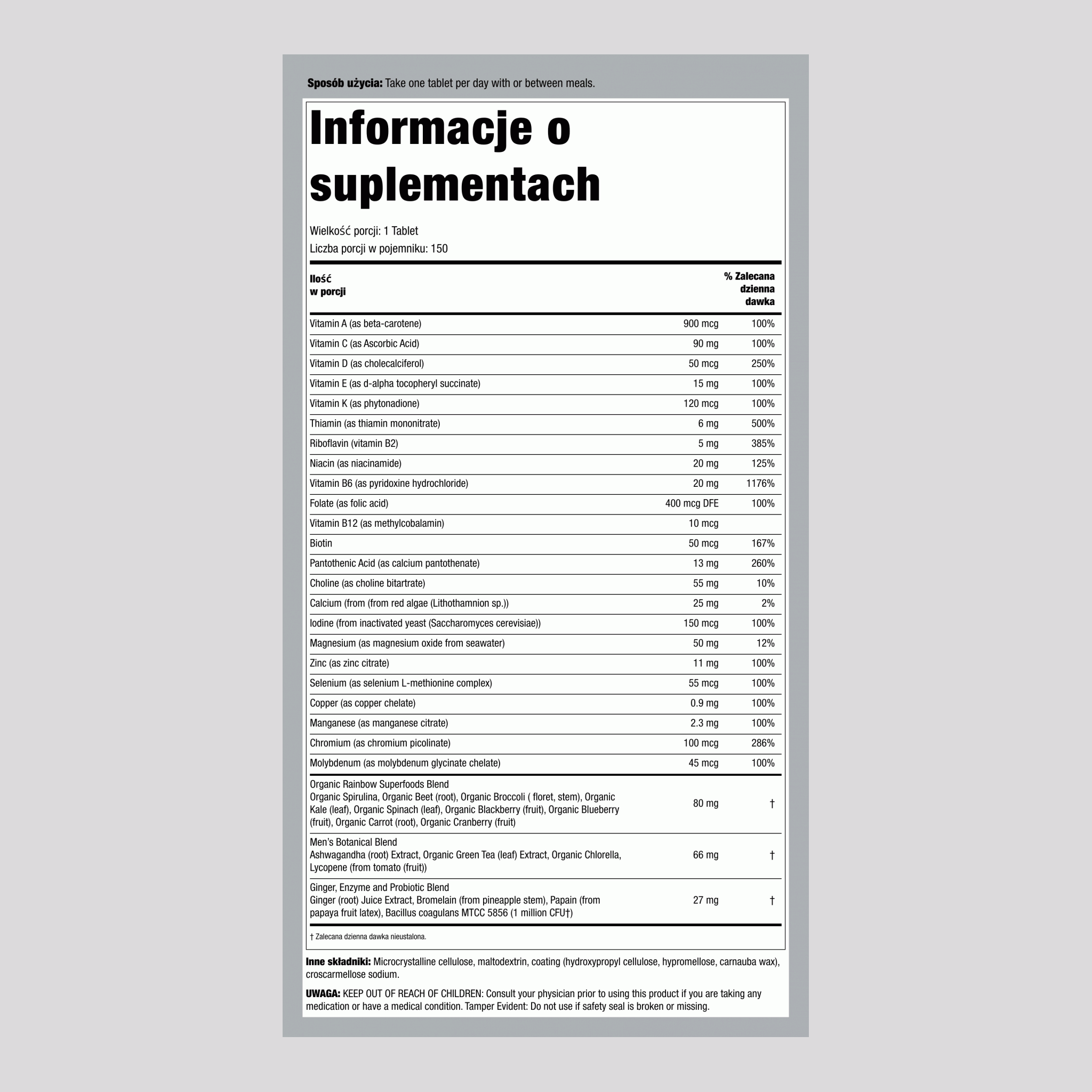 Men's One + Składniki Odżywcze z Prawdziwego Jedzenia, 150 Wegetariańskich Tabletek