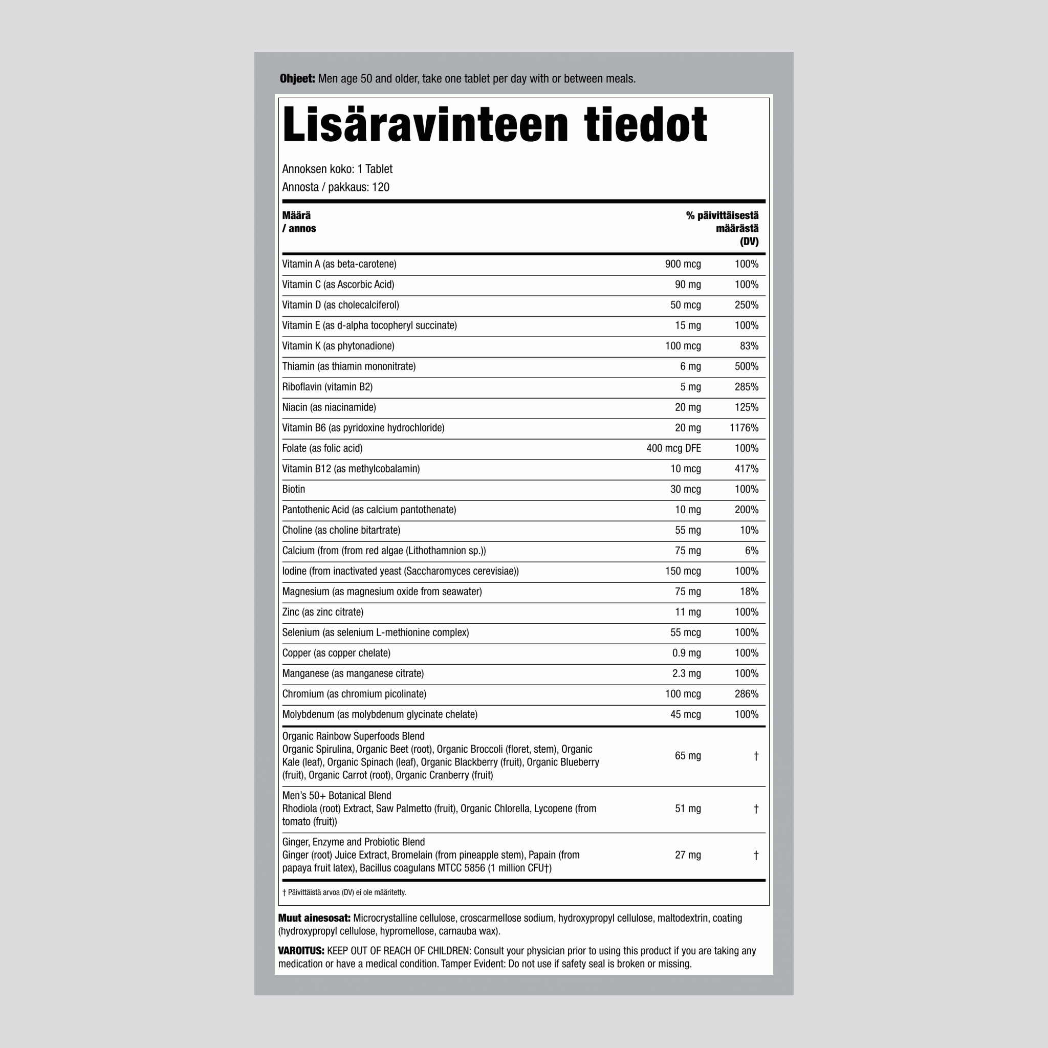 Miesten One 50+ todellisten ravintoaineiden kanssa, 120 kasviperäistä tablettia