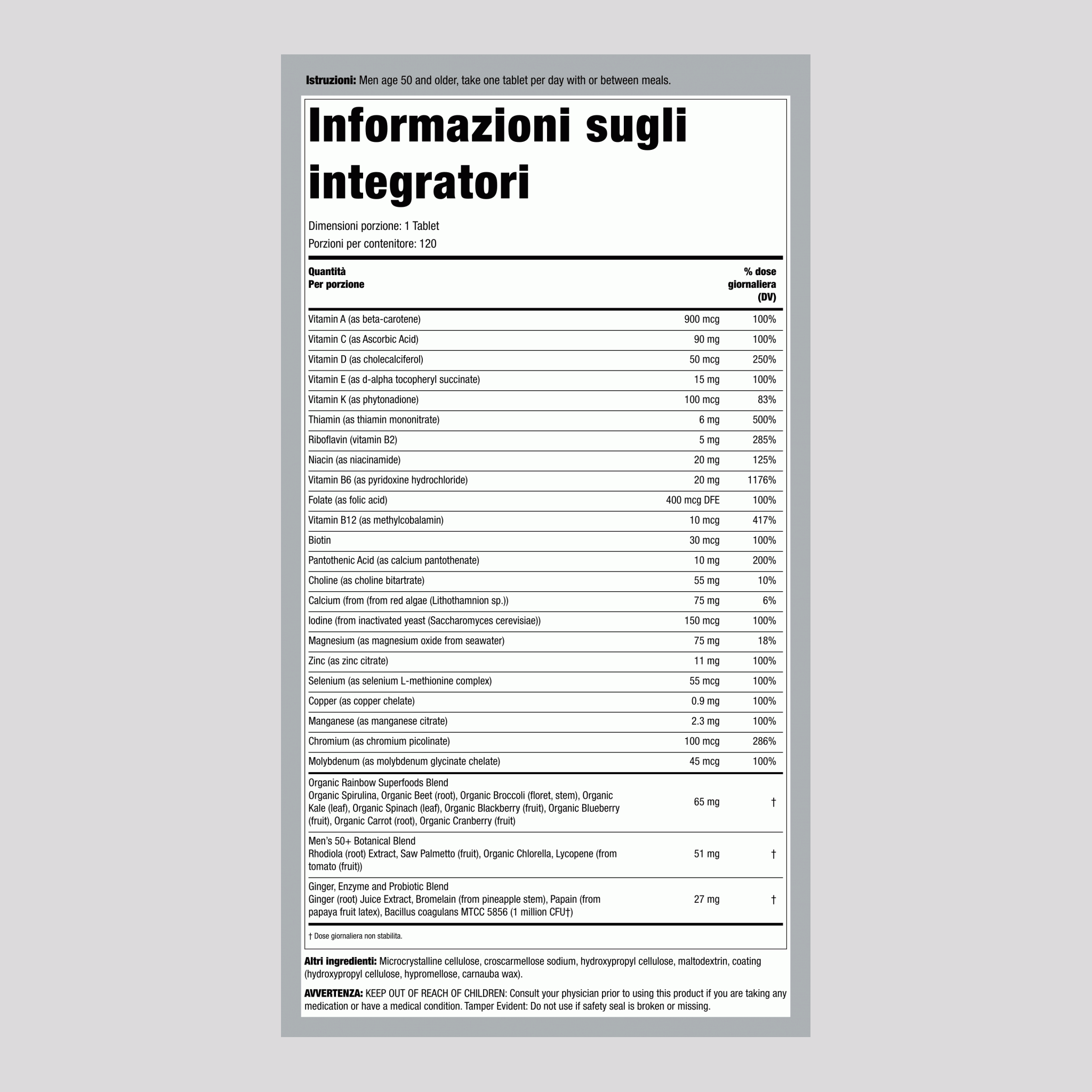 Uomo Uno 50+ più Nutrienti da Cibo Reale, 120 Compresse Vegetariane