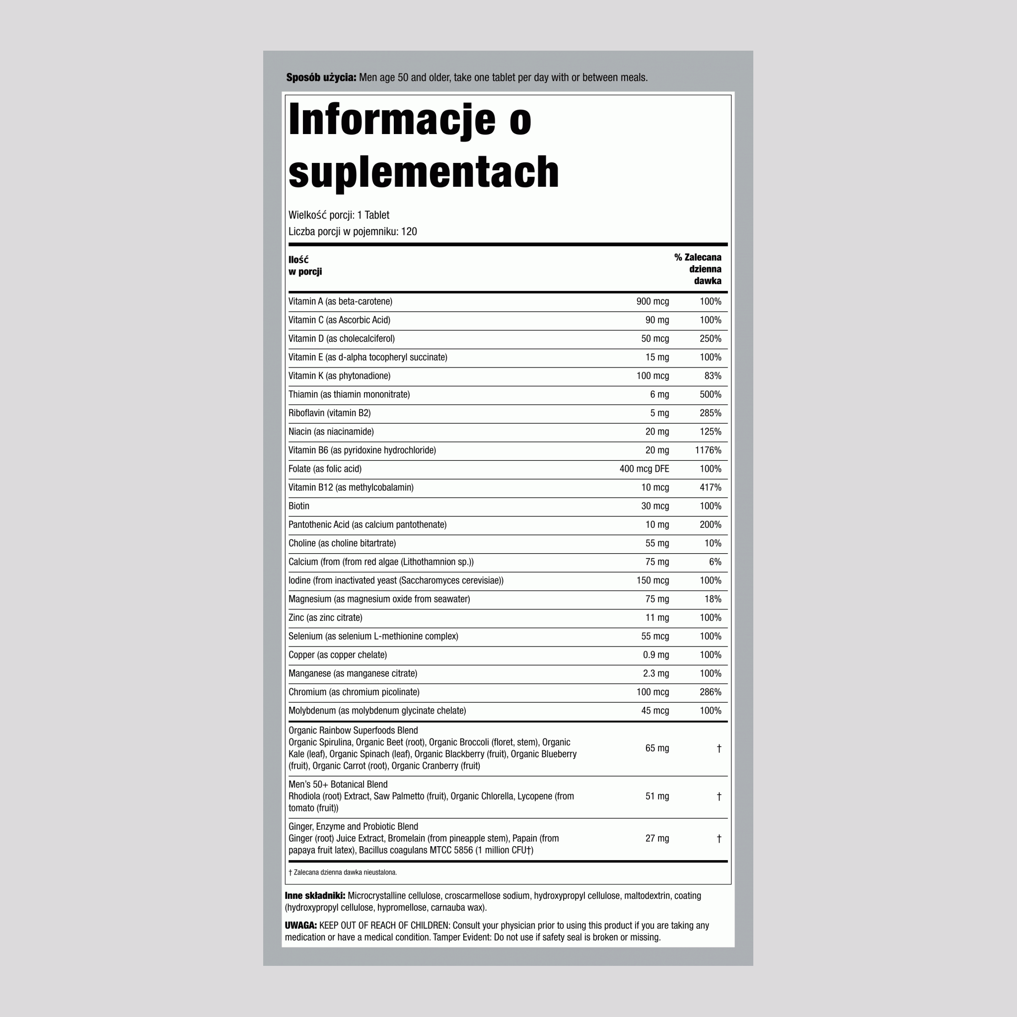 Men's One 50+ plus Prawdziwe Składniki Odżywcze, 120 Wegetariańskich Tabletek