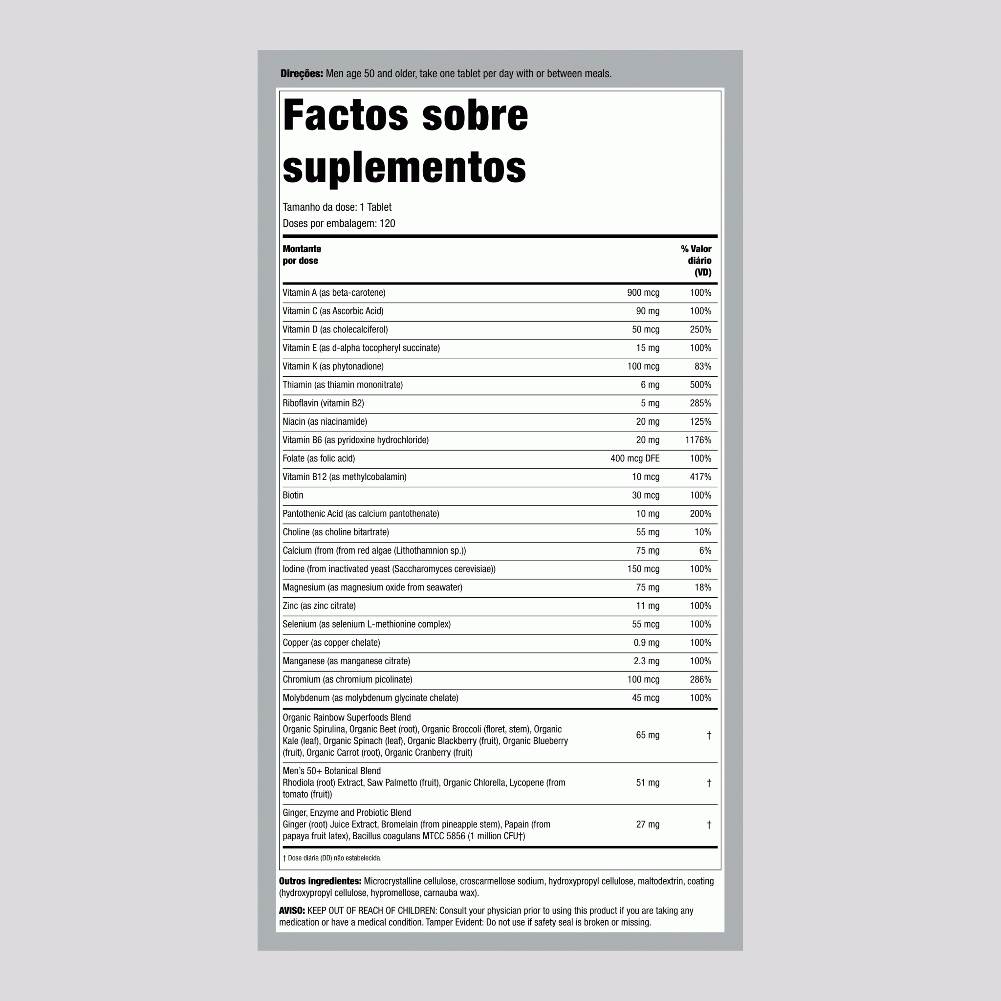 Men's One 50+ com Nutrientes de Alimentos Reais, 120 Comprimidos Vegetarianos