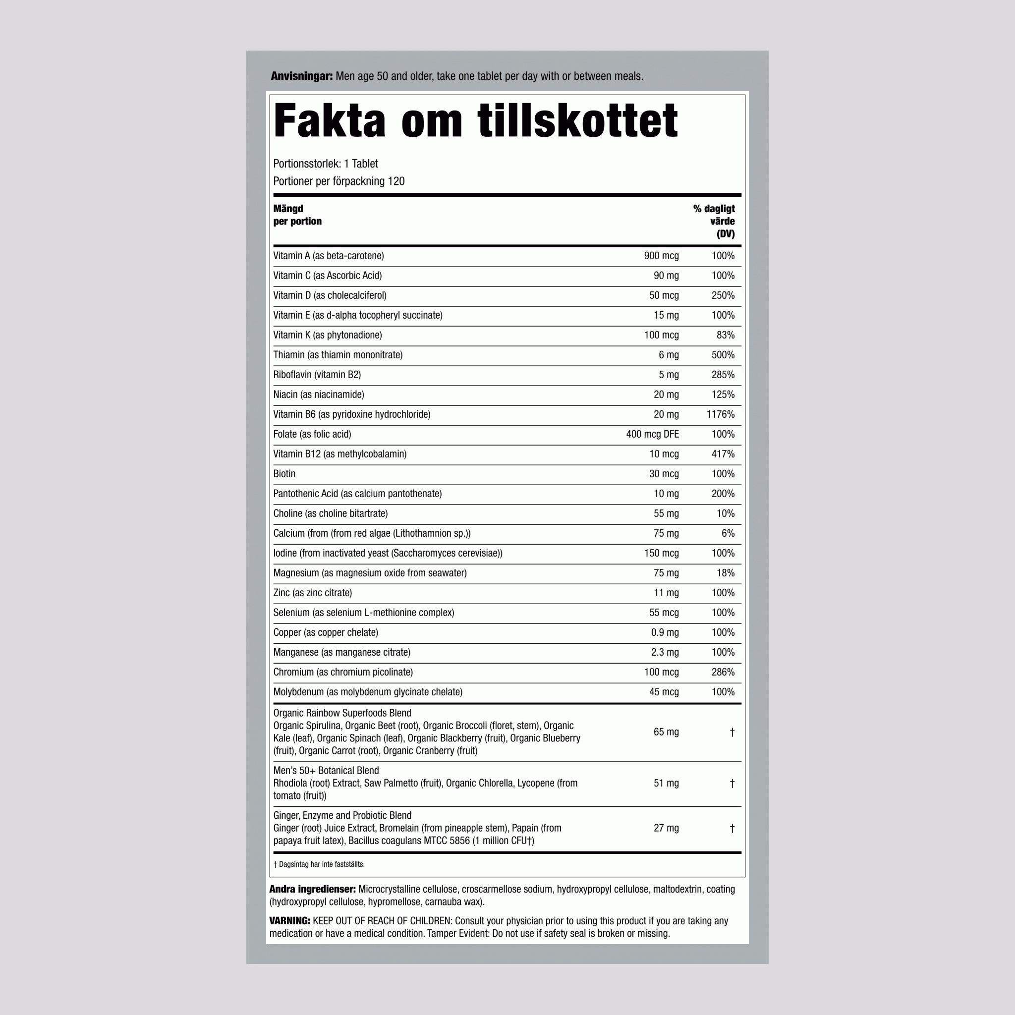 Men's One 50+ plus Riktiga Matnäringsämnen, 120 Vegetariska Tabletter