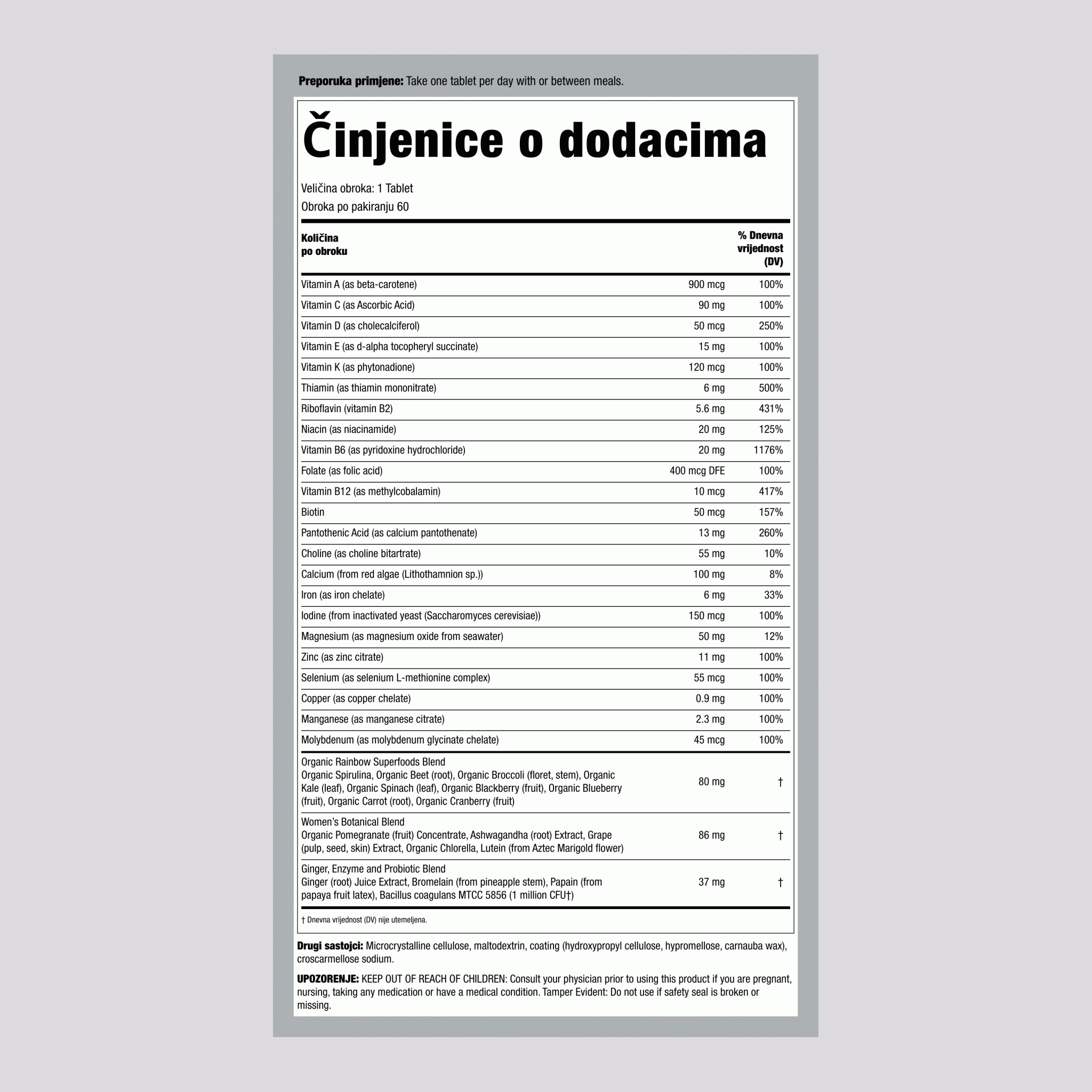 Ženske Jedan + Nutrienti iz Prave Hrane, 60 Vegetarijanskih Tableta