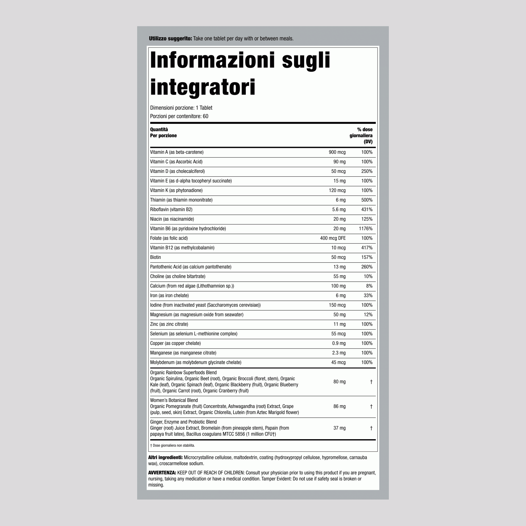 Multivitaminico One per Donne + Nutrienti da Cibi Naturali, 60 Compresse Vegetali