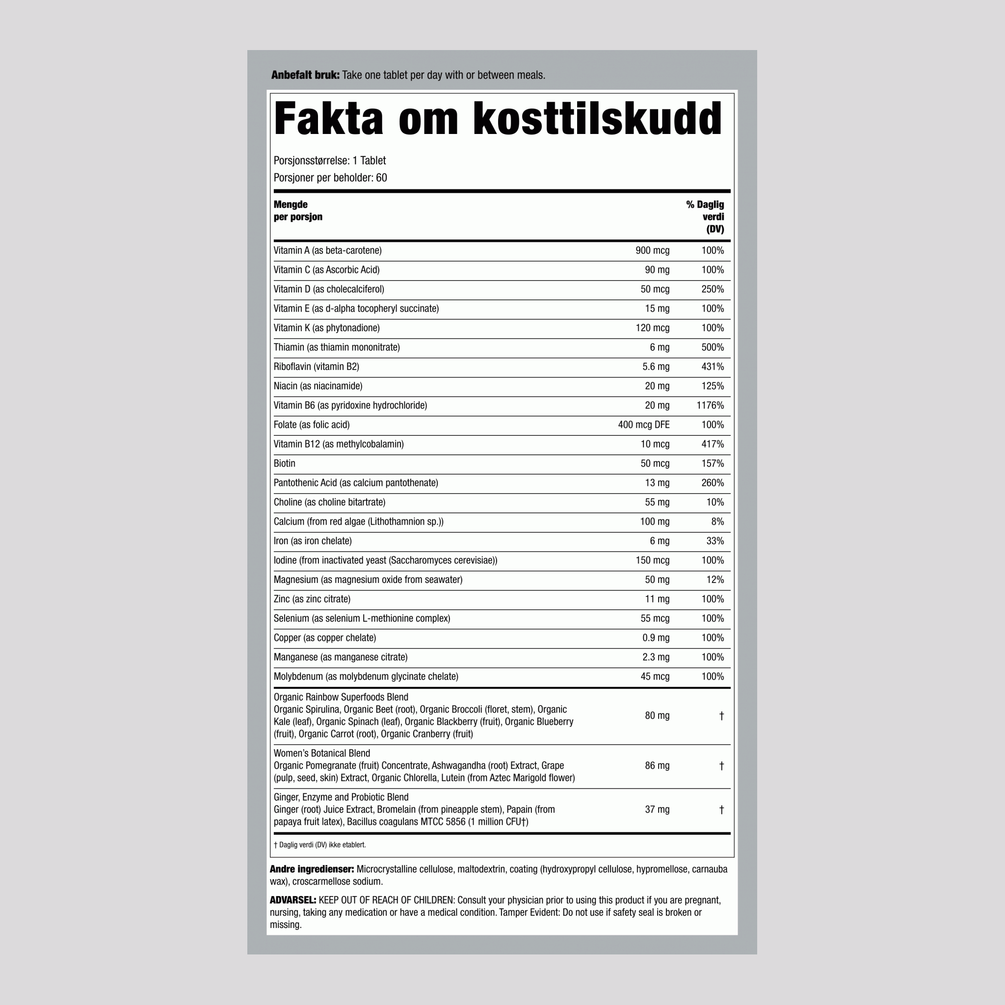 Kvinners En + Ekte Mat Næringsstoffer, 60 Vegetarianske Tabletter