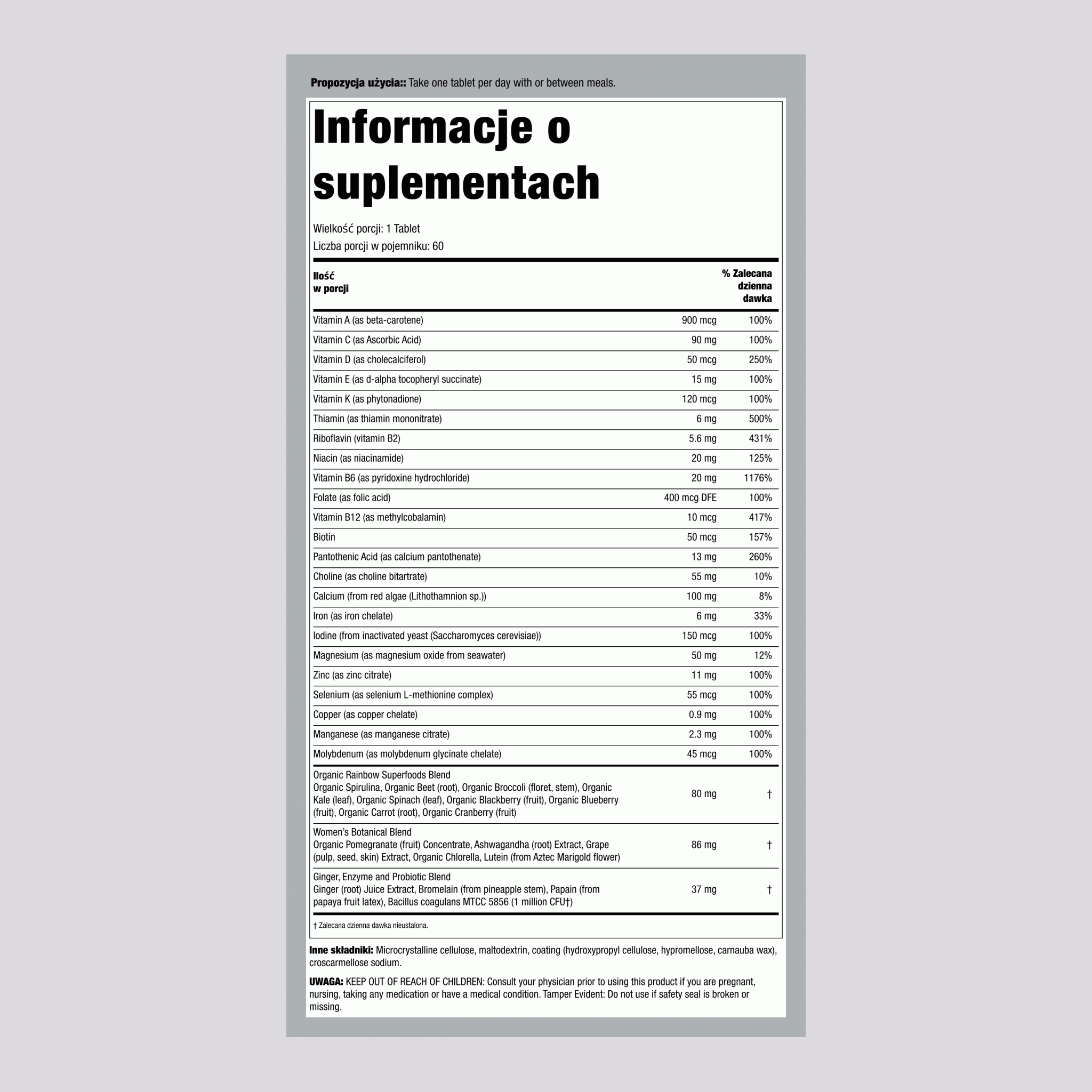 Women's One + Składniki Odżywcze z Prawdziwego Jedzenia, 60 Wegetariańskich Tabletek