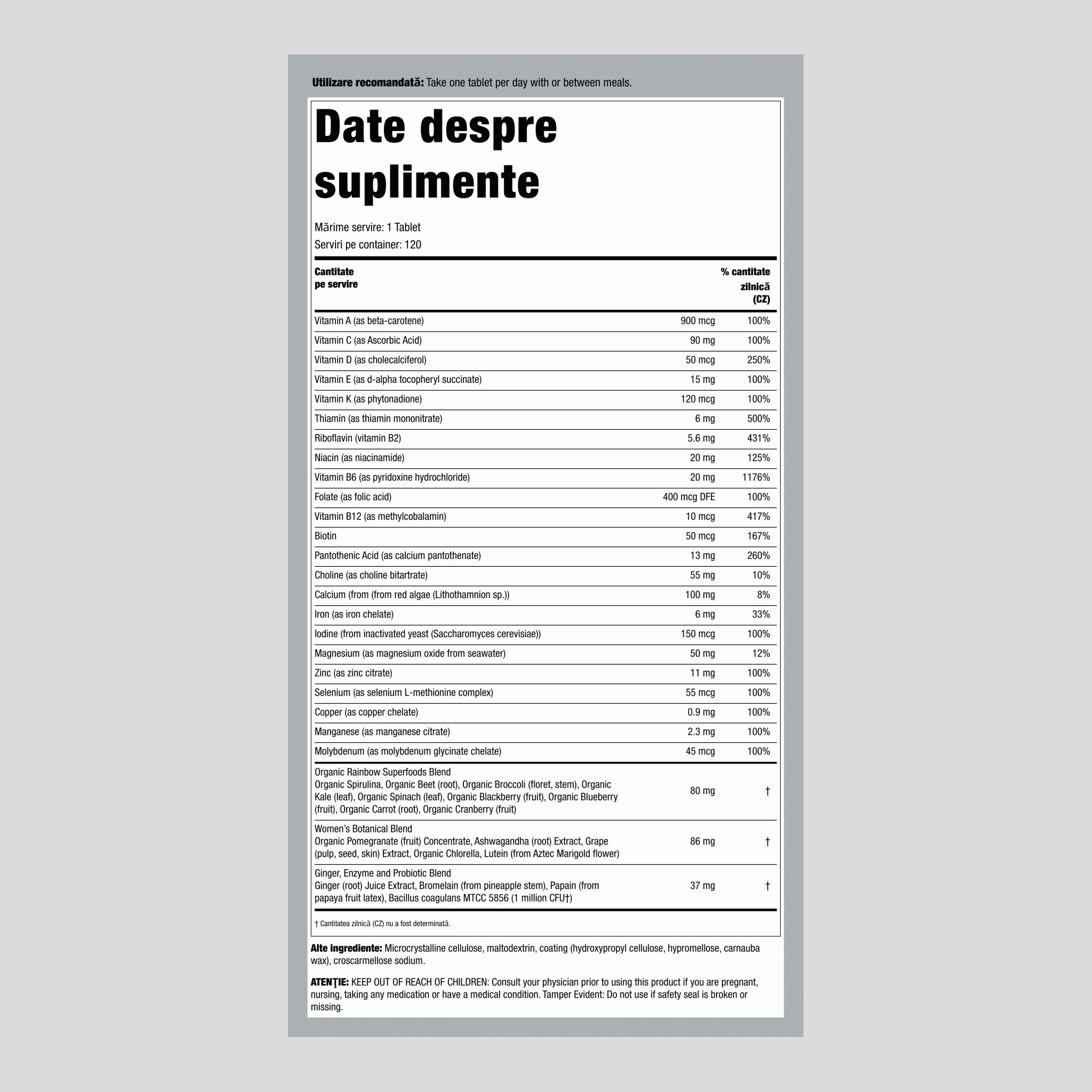 Vitamine și nutrienți reali din alimente pentru femei, 120 de tablete vegetariene