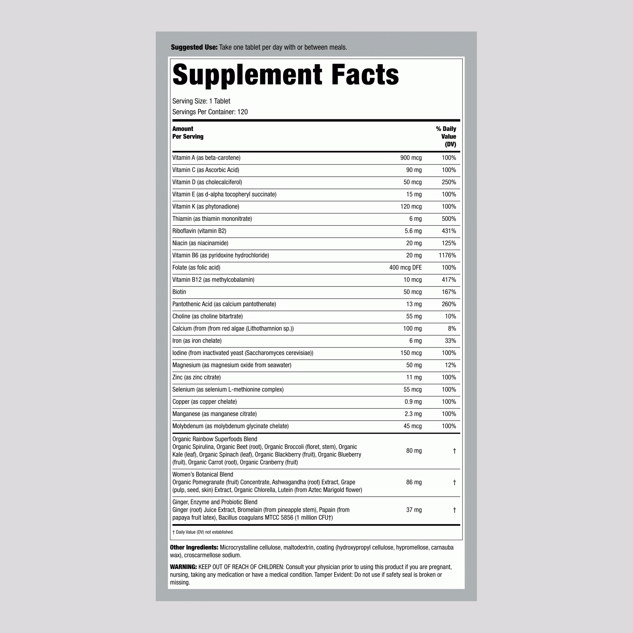 女性綜合維他命加真實食物營養素，120顆素食膠囊