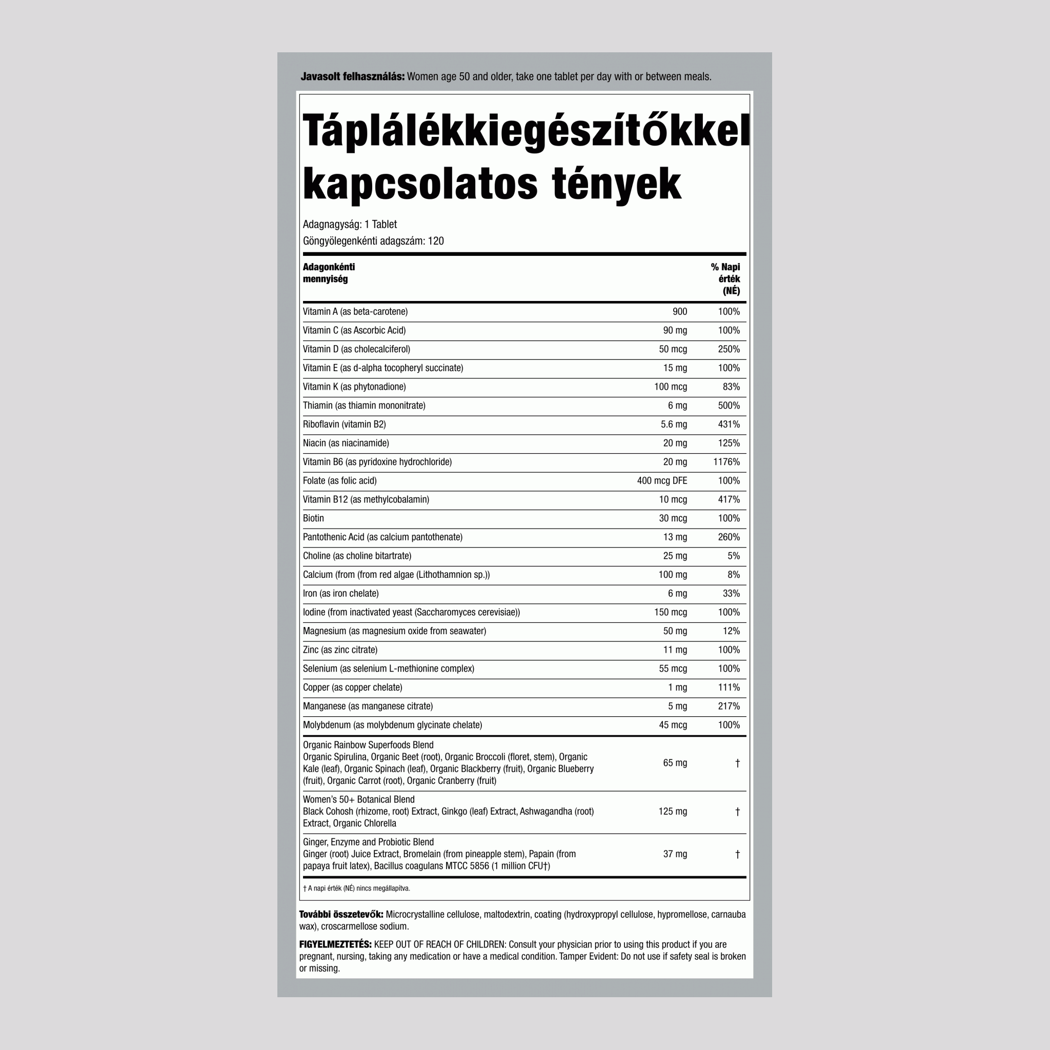 Nők Egy 50+ Valódi Élelmiszer Tápanyagokkal, 120 Vegetáriánus Tabletta