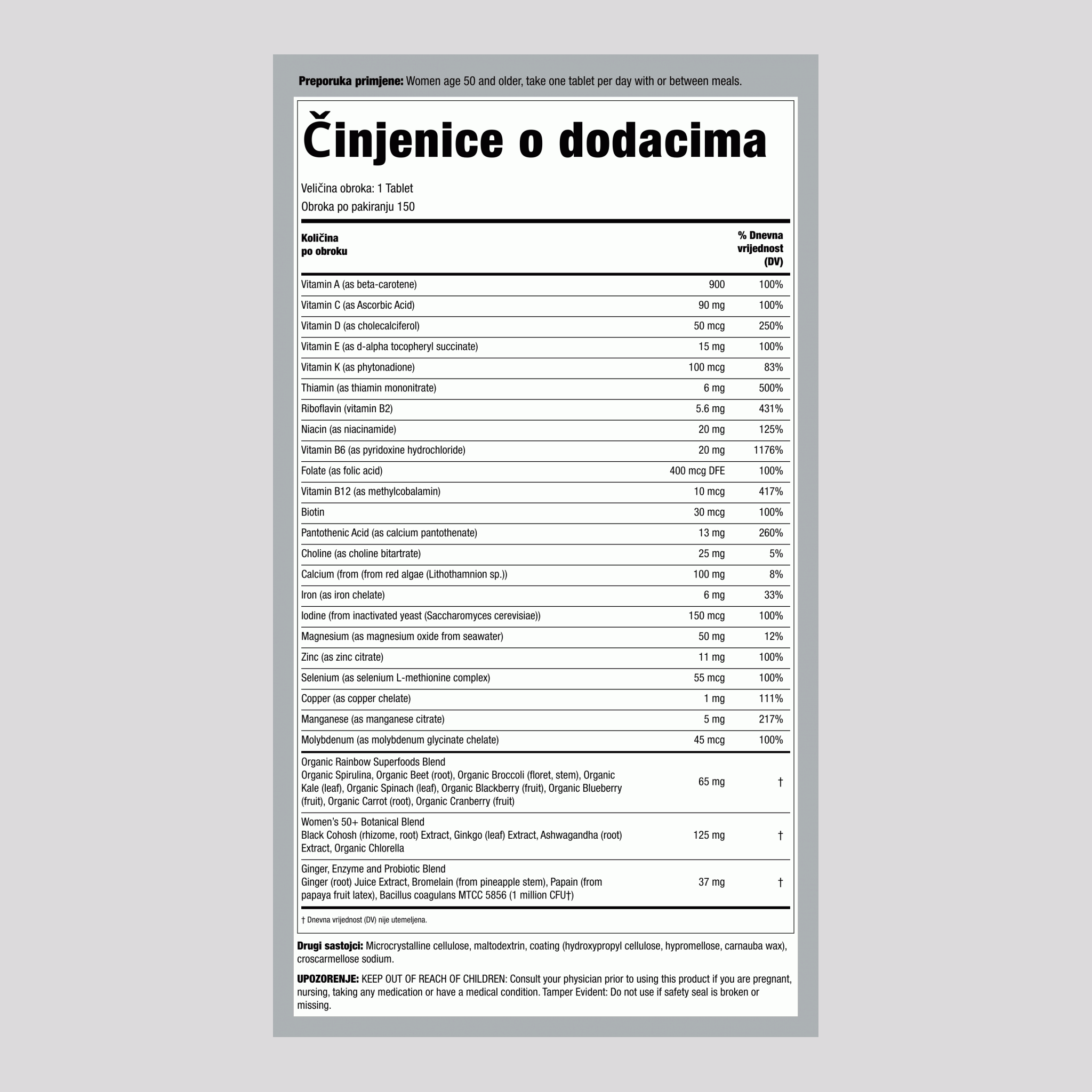 Jedna ženska osoba 50+ plus hranjivi sastojci iz prave hrane, 150 vegetarijanskih tableta