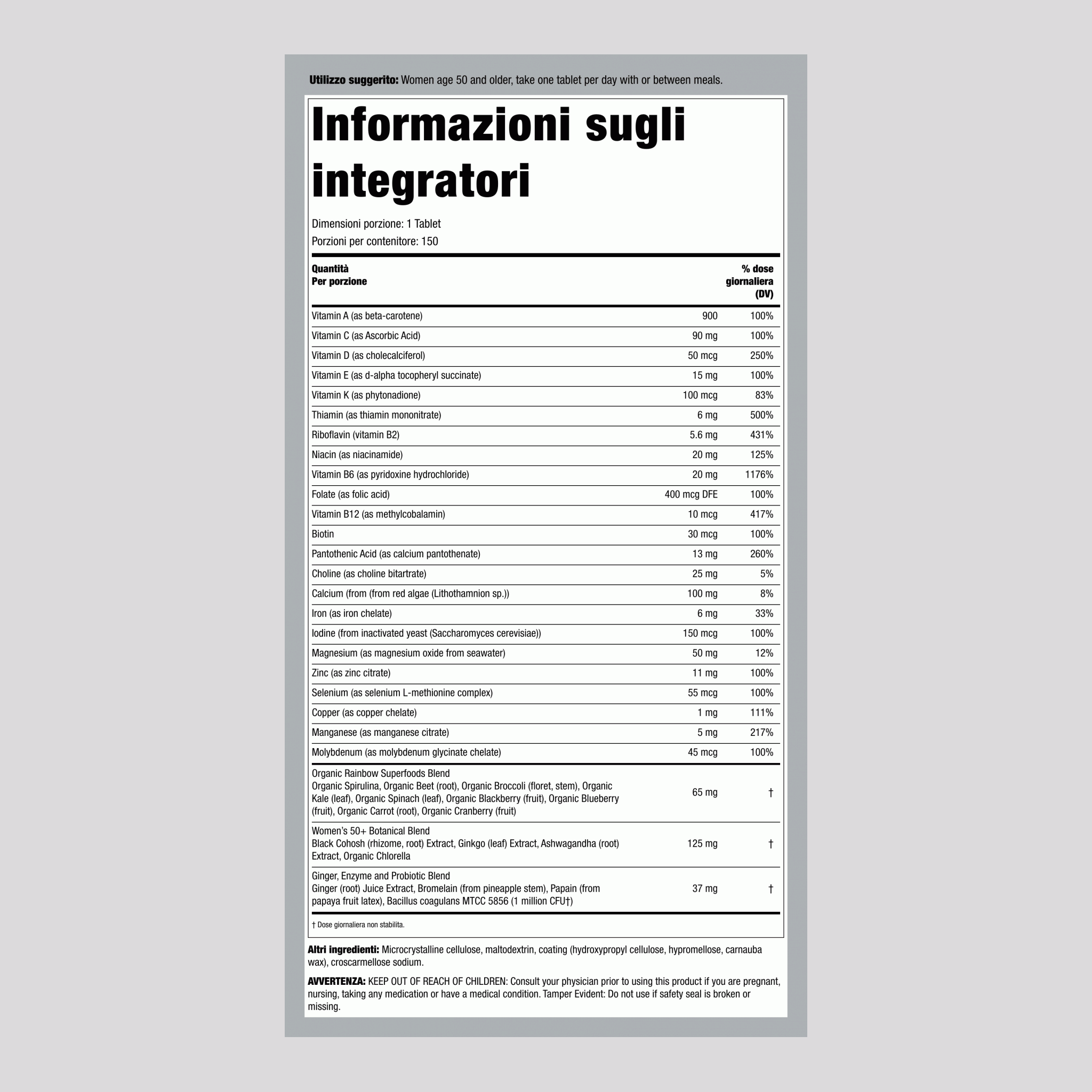 Women's One 50+ con nutrienti da cibo reale, 150 compresse vegetariane