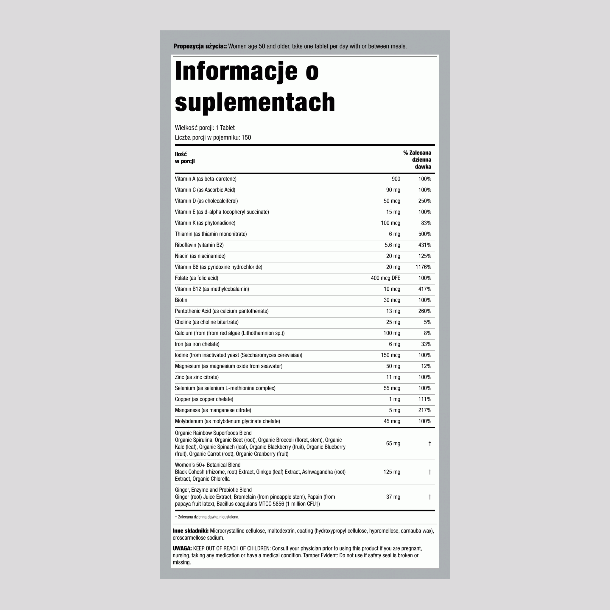 Women's One 50+ plus Real Food Nutrients, 150 Wegetariańskich Tabletek