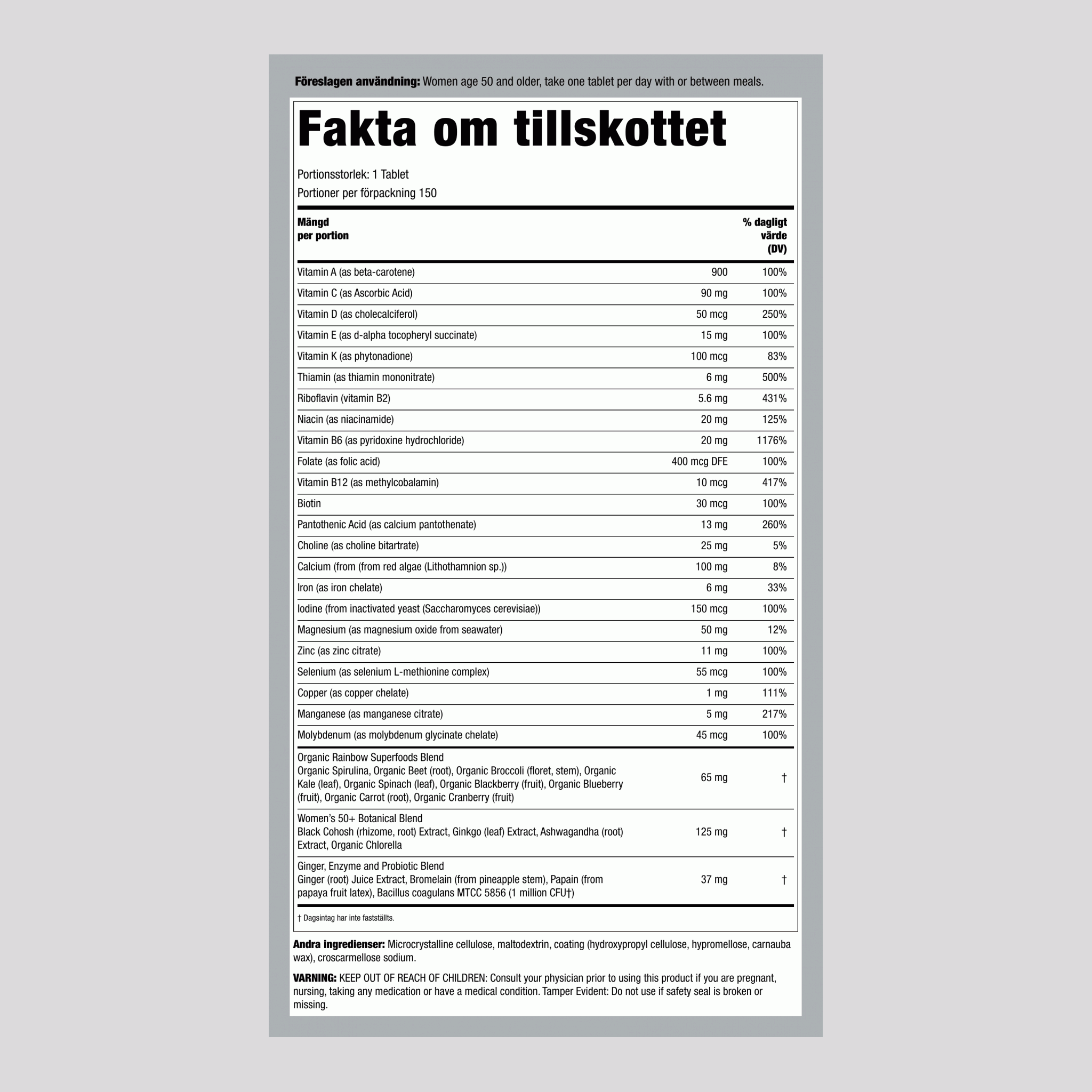 Women's One 50+ plus Riktiga Matnäringsämnen, 150 Vegetariska Tabletter