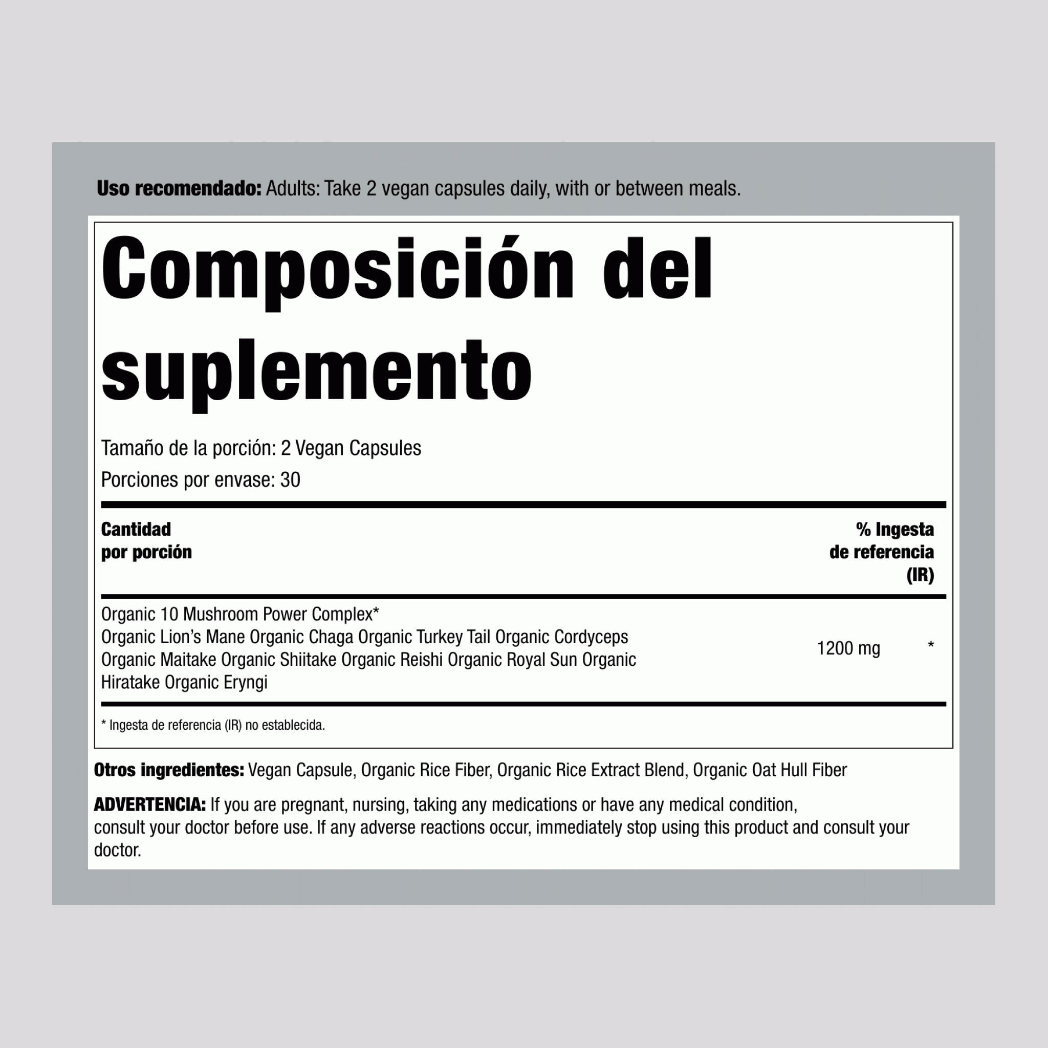 Complejo de Poder de 10 Hongos, 60 Cápsulas Veganas