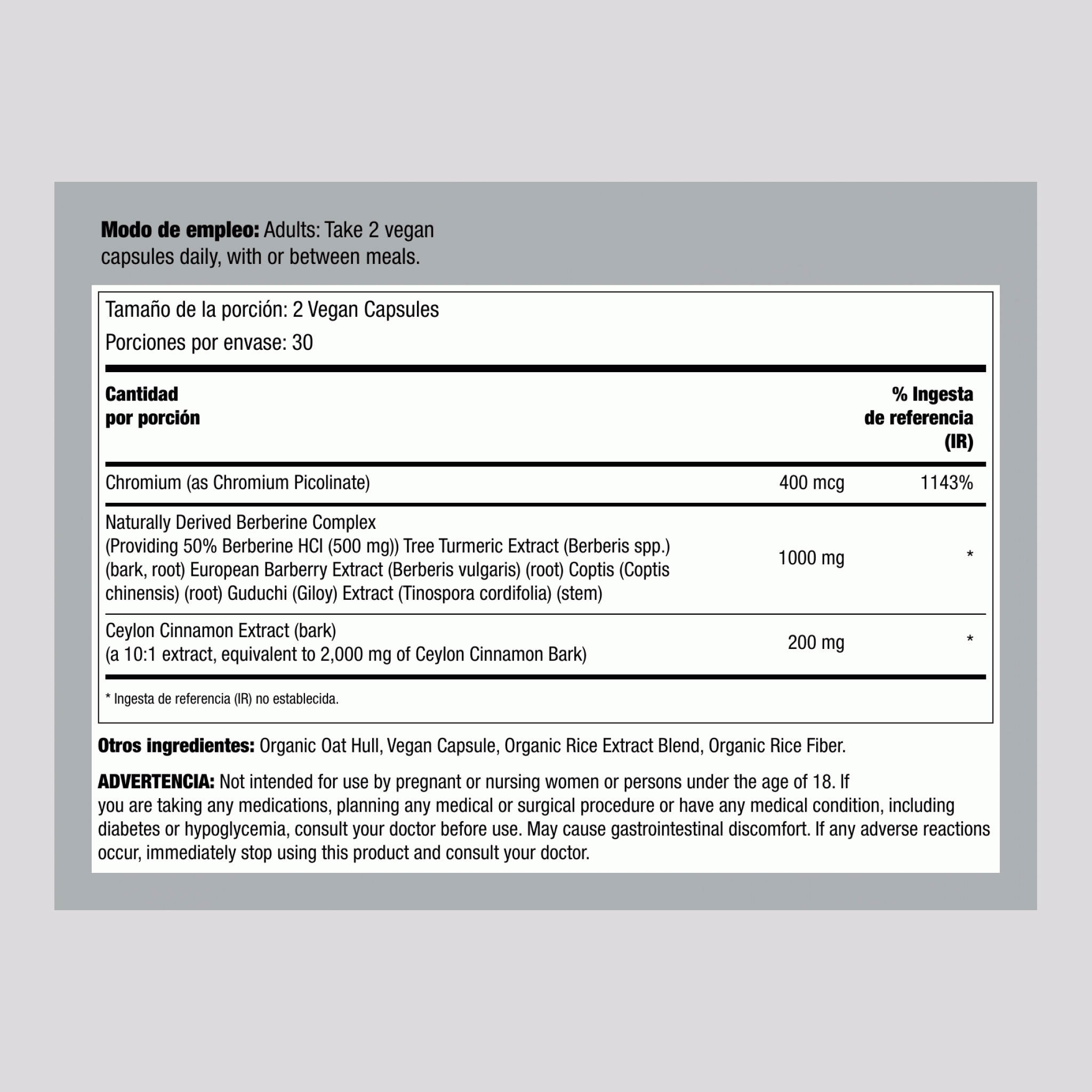 Complejo de Berberina 1000 MG (por porción), 60 Cápsulas Veganas