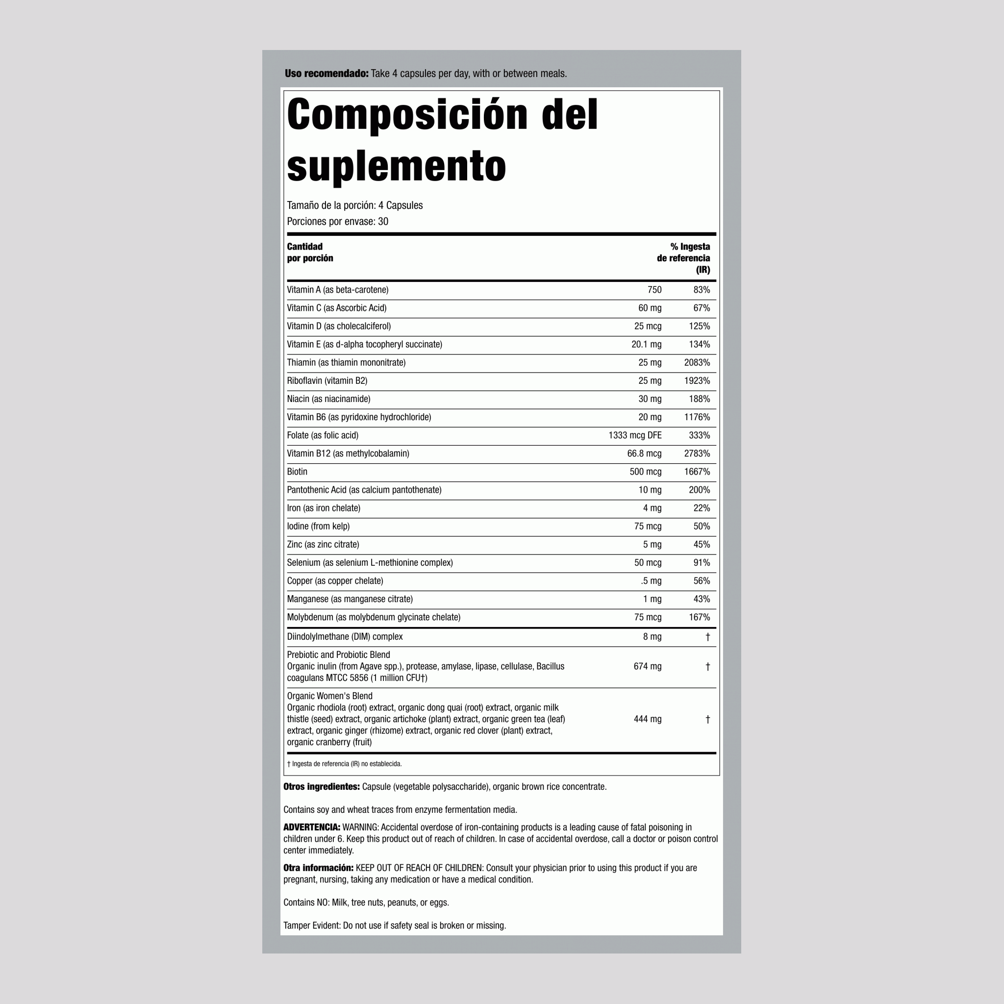Certificado Multivitaminas para Mujeres + Nutrientes de Alimentos Reales, 120 Cápsulas Vegetarianas