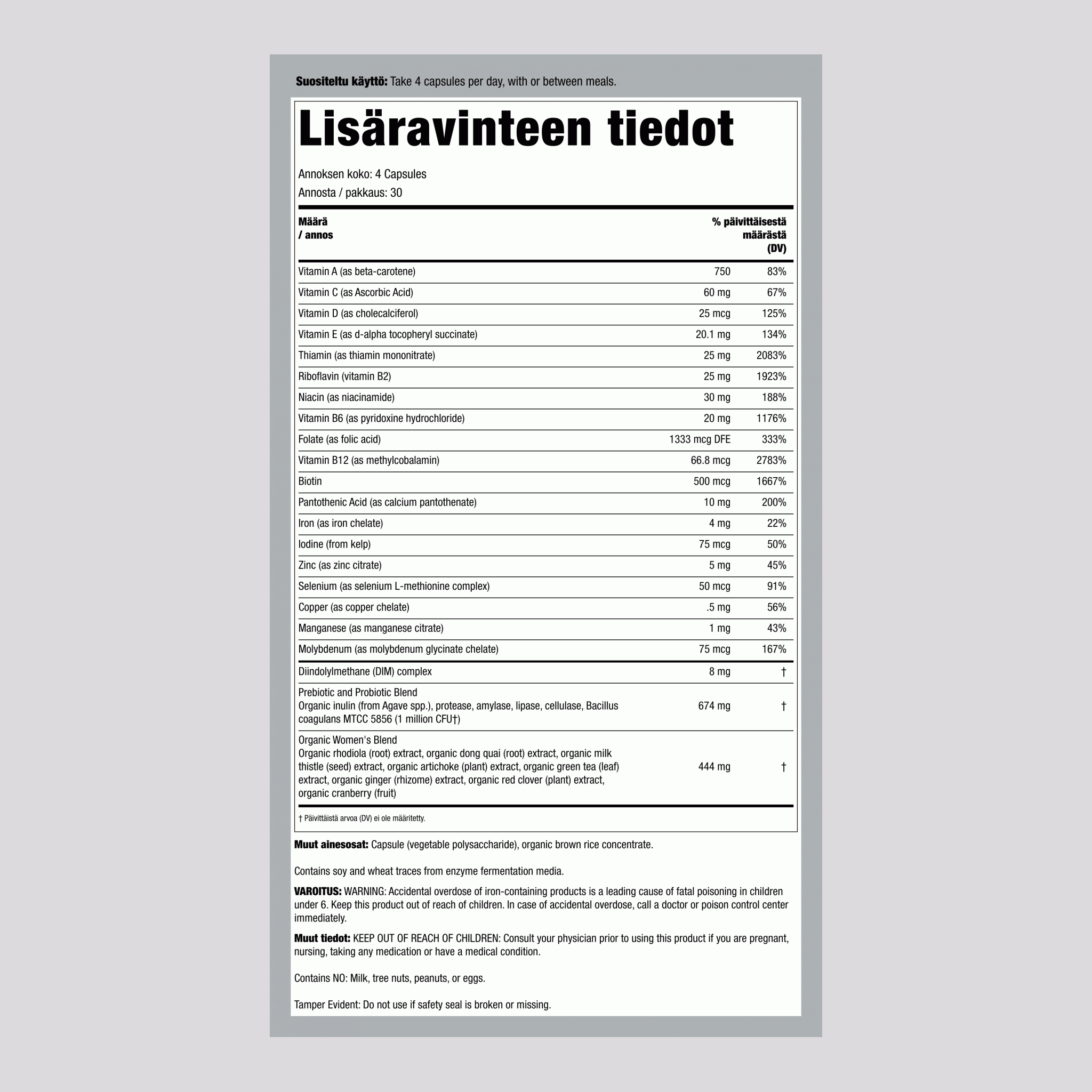 Sertifioitu Naisten + Aidot Ruokaravinteet -Monivitamiini, 120 Kasviskapselia