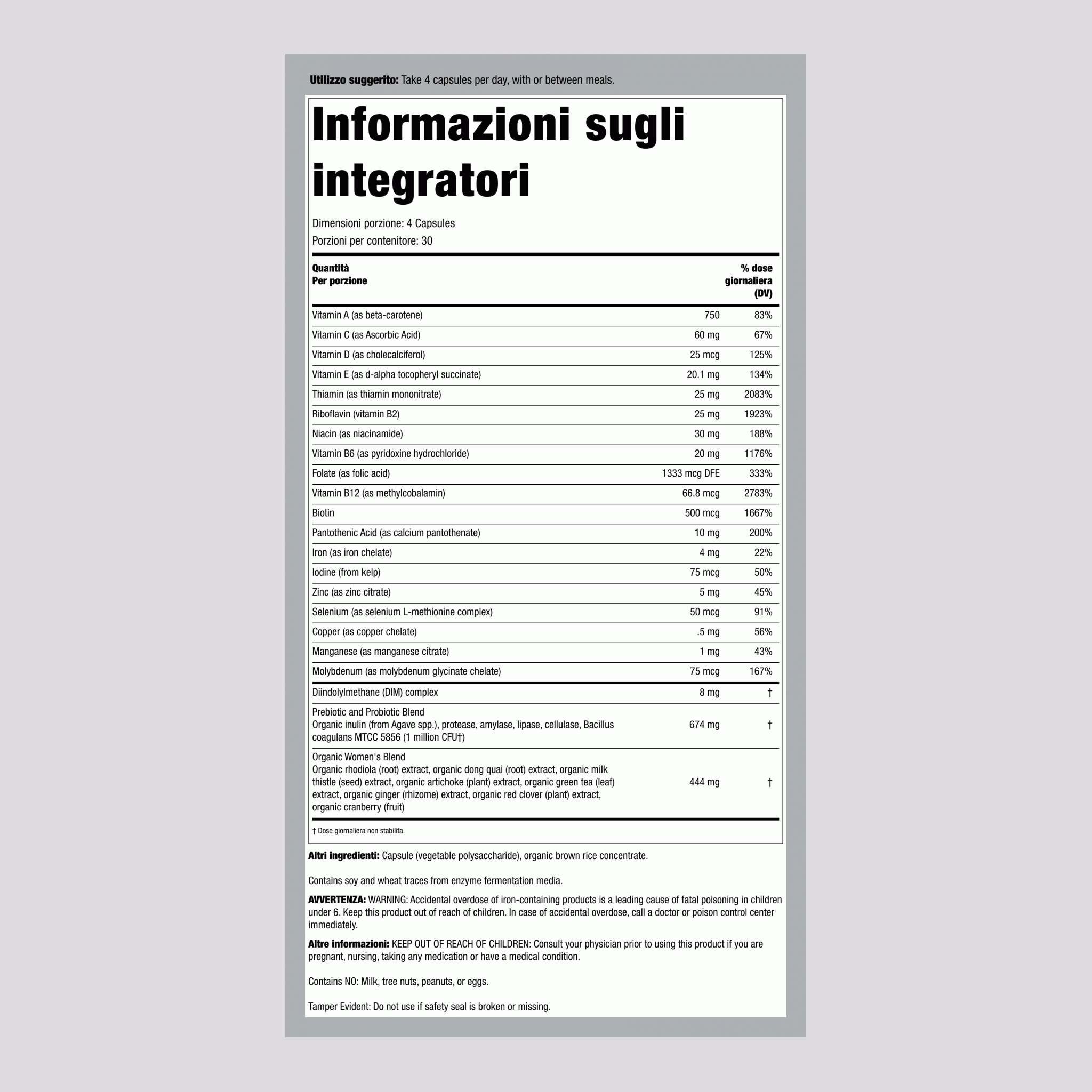 Multivitaminico Certificato per Donne + Nutrienti da Alimenti Reali, 120 Capsule Vegetali